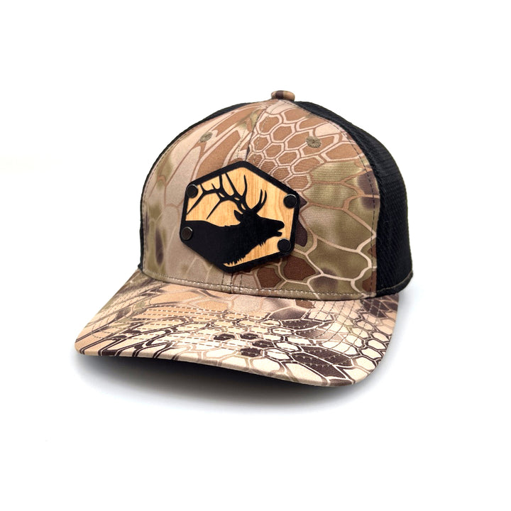 Elk Silhouette Wood Patch Kryptek Camo Trucker Hat