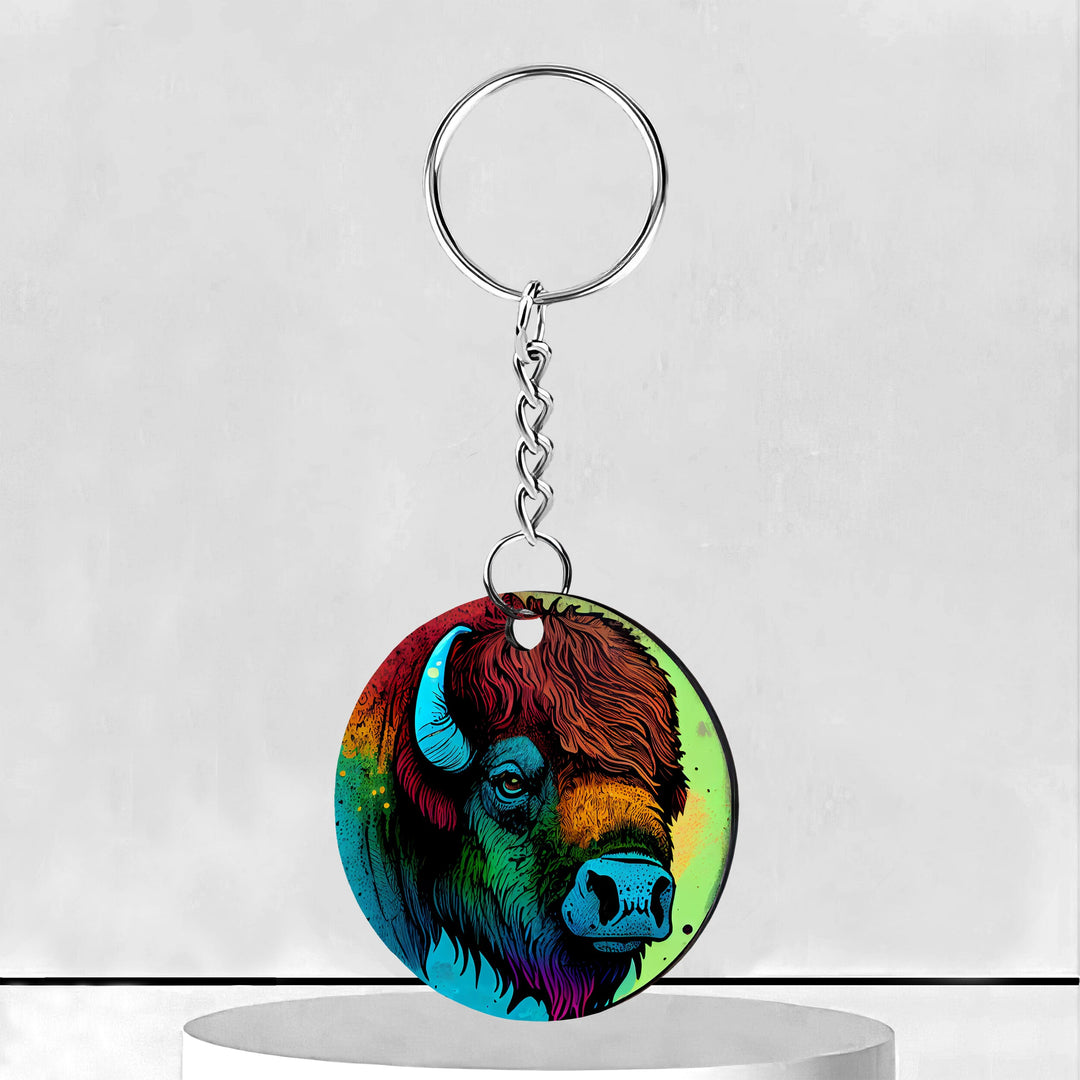 Bison Rainbow Moon Circle Keychain