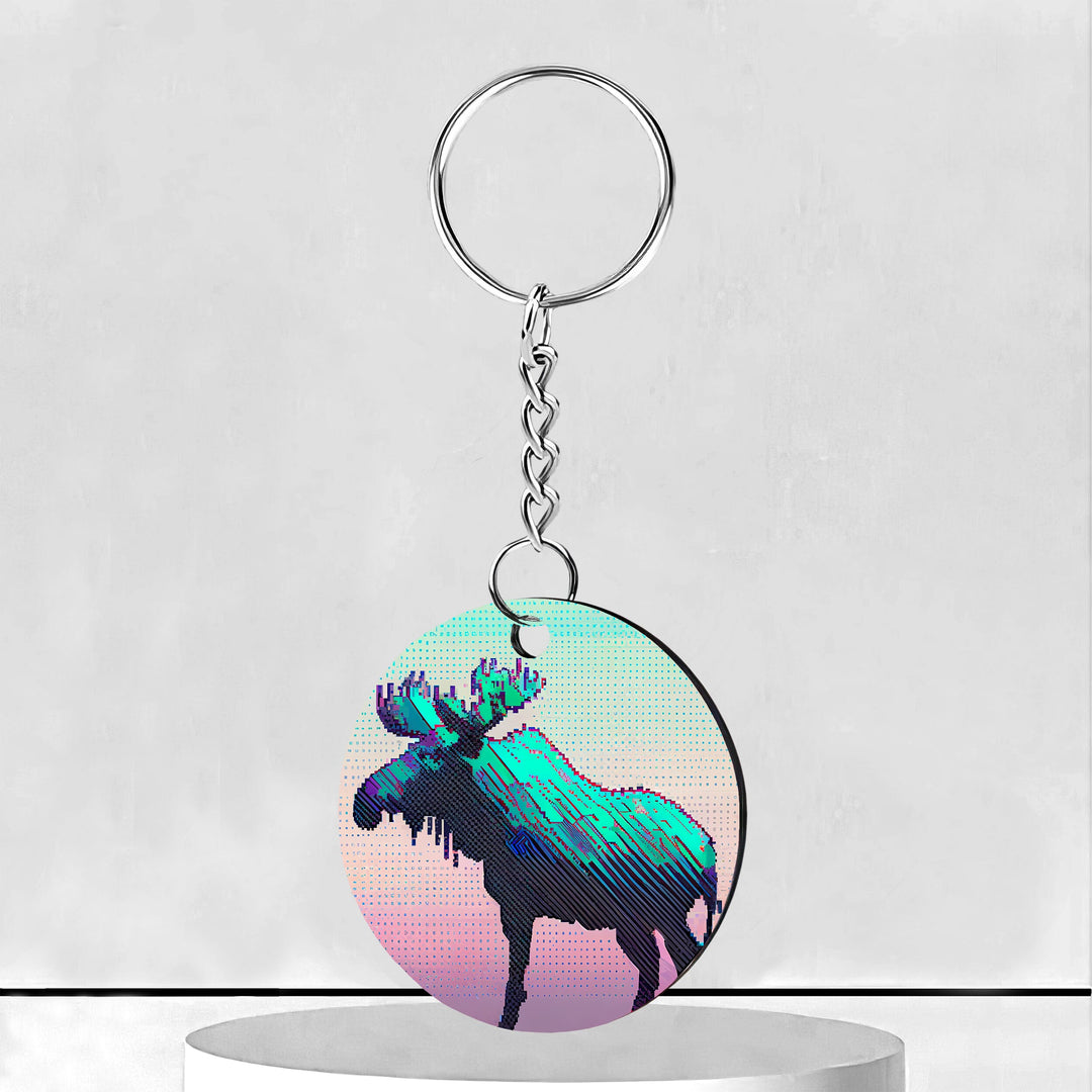 Moose Profile Retro Circle Keychain