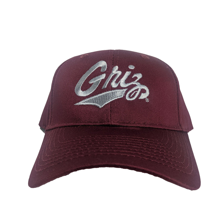 Blue Peaks Creative's maroon Six-panel Twill Hat embroidered with the Griz Script design in silver