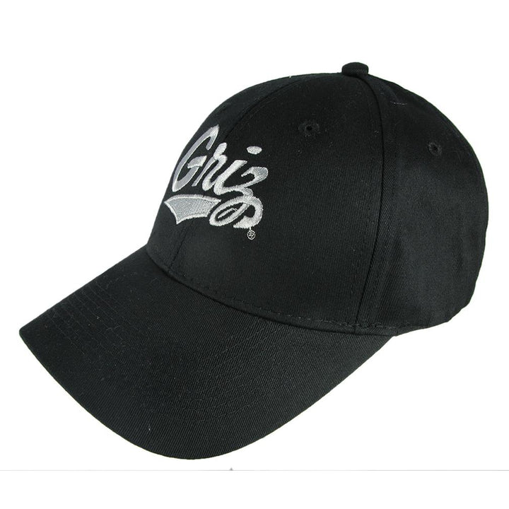 Blue Peaks Creative's black Six-panel Twill Hat embroidered with the Griz Script design in silver