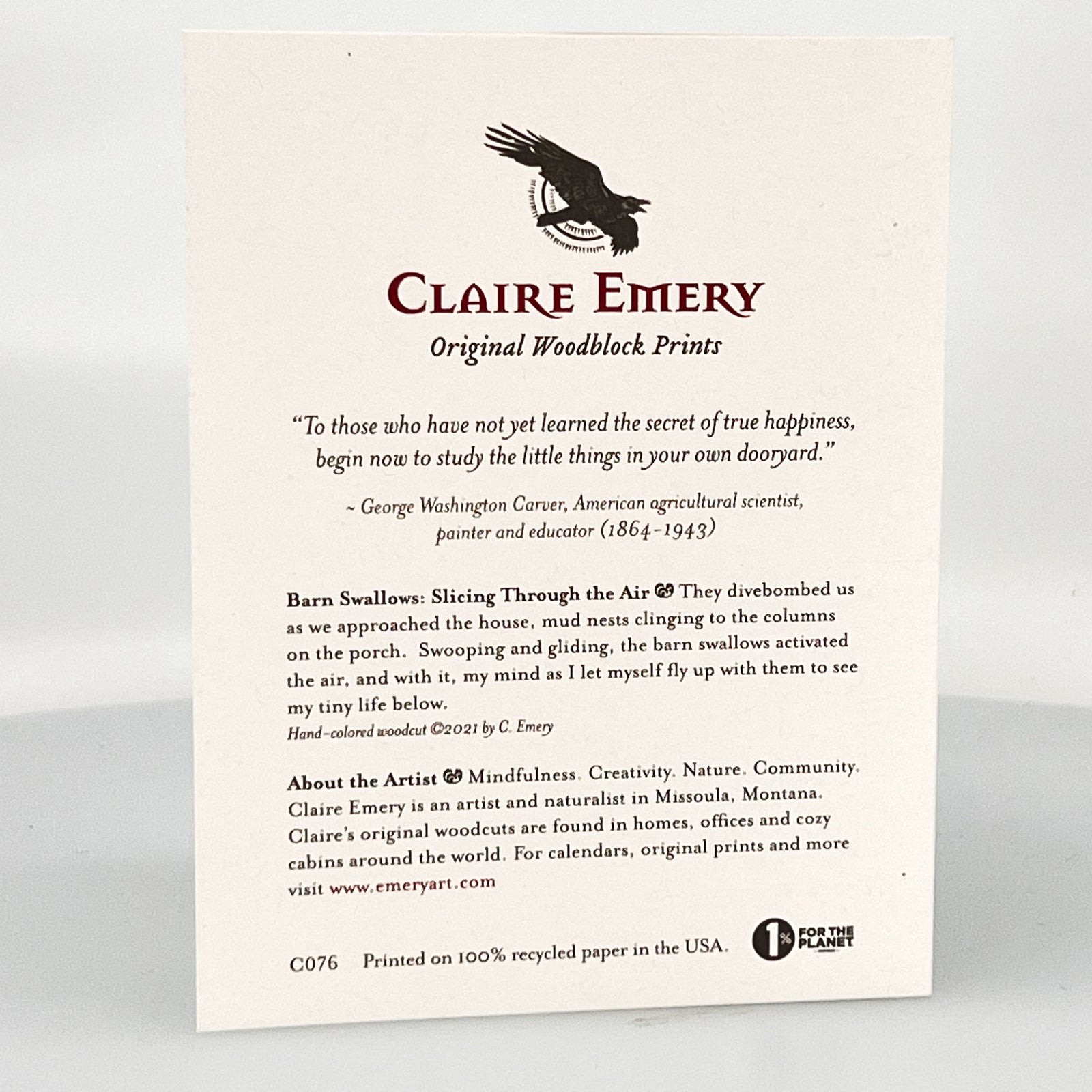 Barn Swallows: Slicing Through the Air Greeting Card--a reproduction of one of Claire Emery’s original woodcut prints, made in Montana, USA