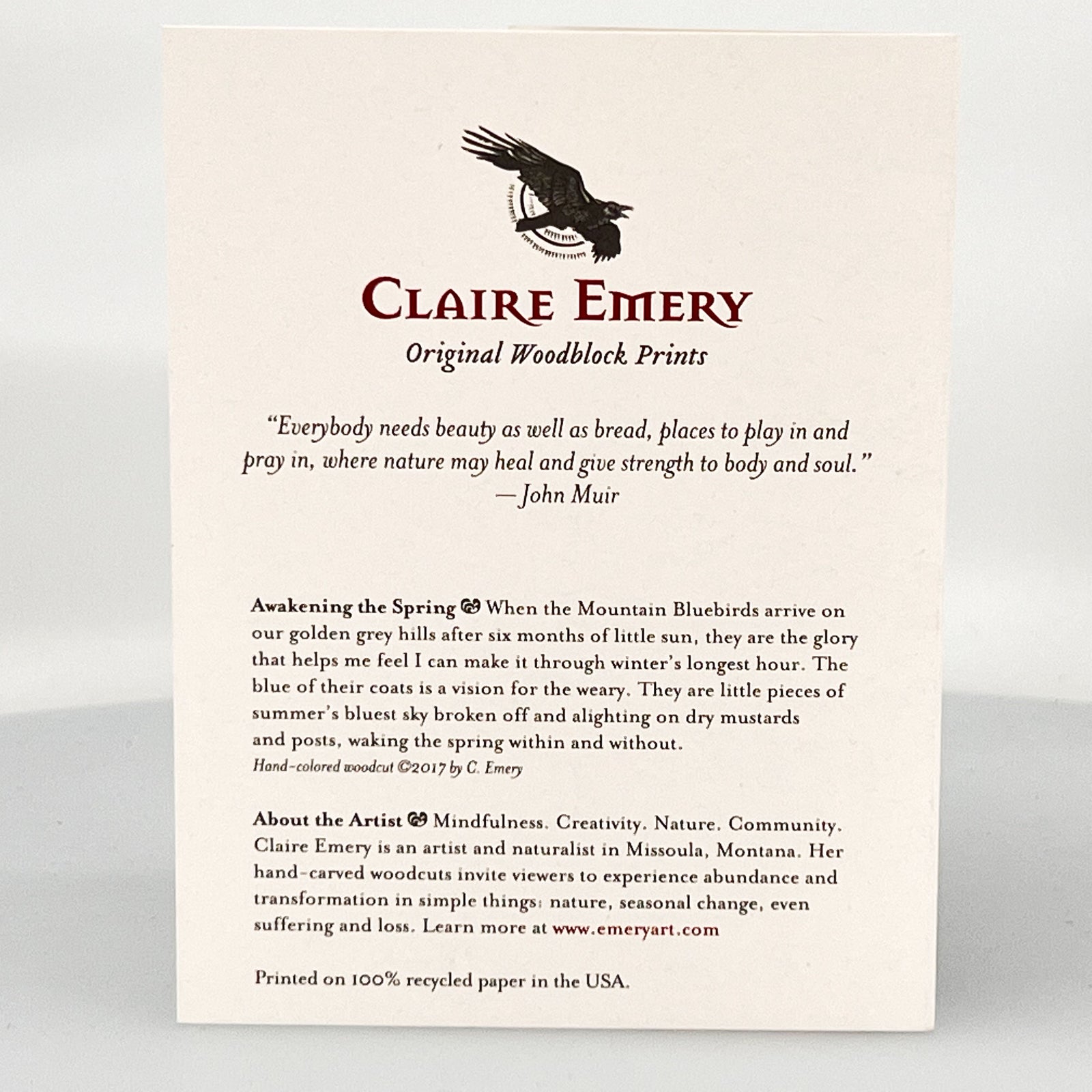 Bluebirds: Awakening The Spring Greeting Card--a reproduction of one of Claire Emery’s original woodcut prints, made in Montana, USA