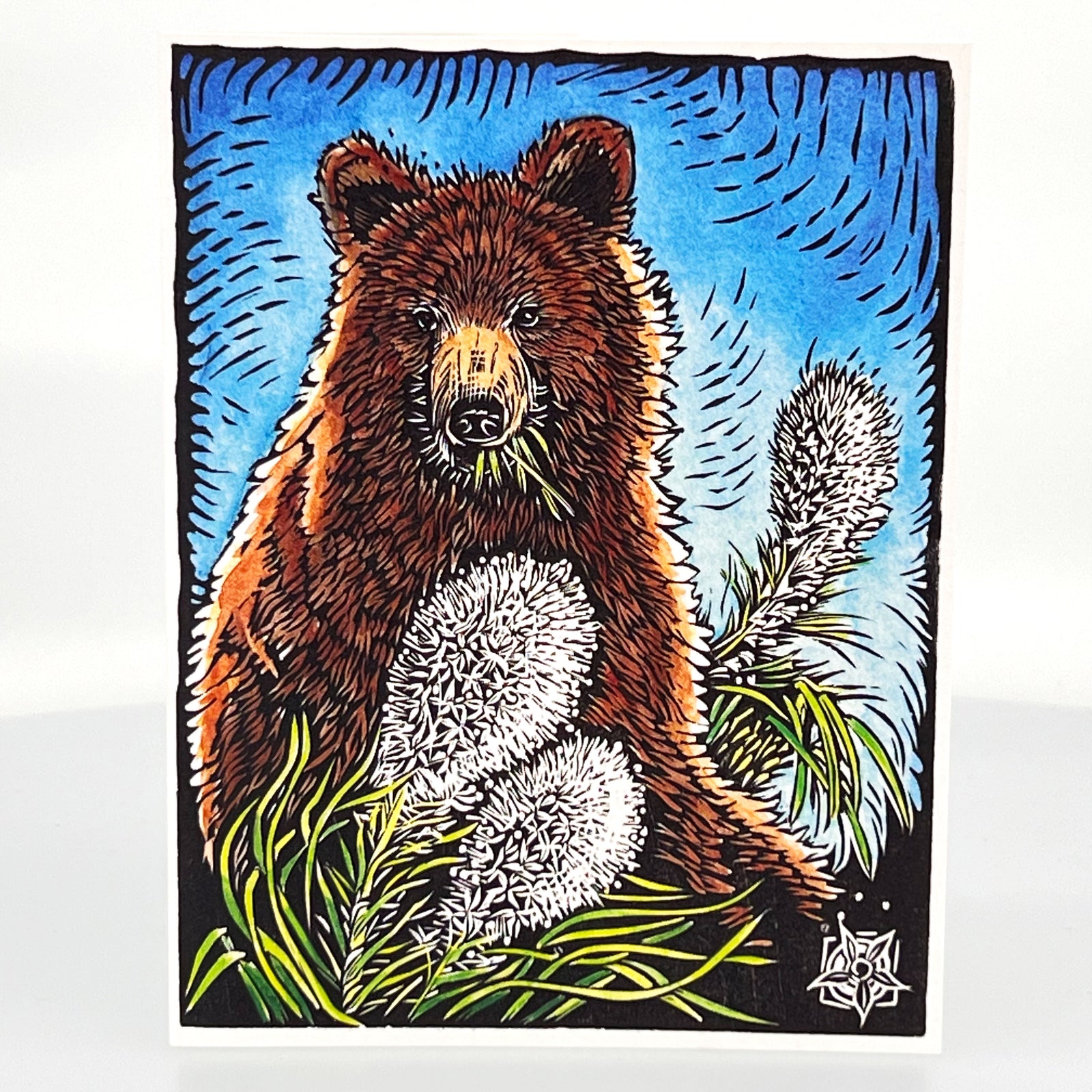 Grizzly Cub: One Summer Day Greeting Card--a reproduction of one of Claire Emery’s original woodcut prints, made in Montana, USA