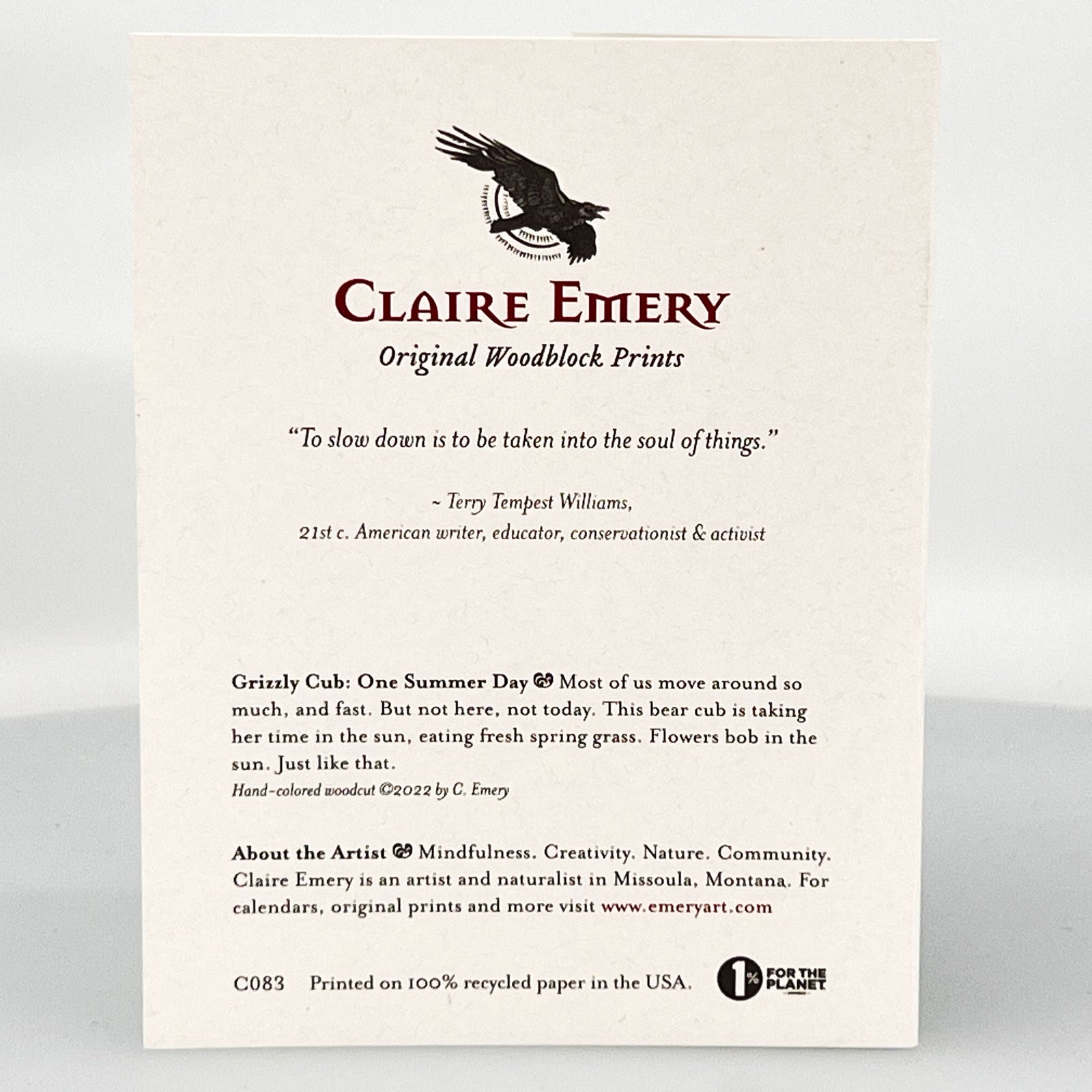 Grizzly Cub: One Summer Day Greeting Card--a reproduction of one of Claire Emery’s original woodcut prints, made in Montana, USA