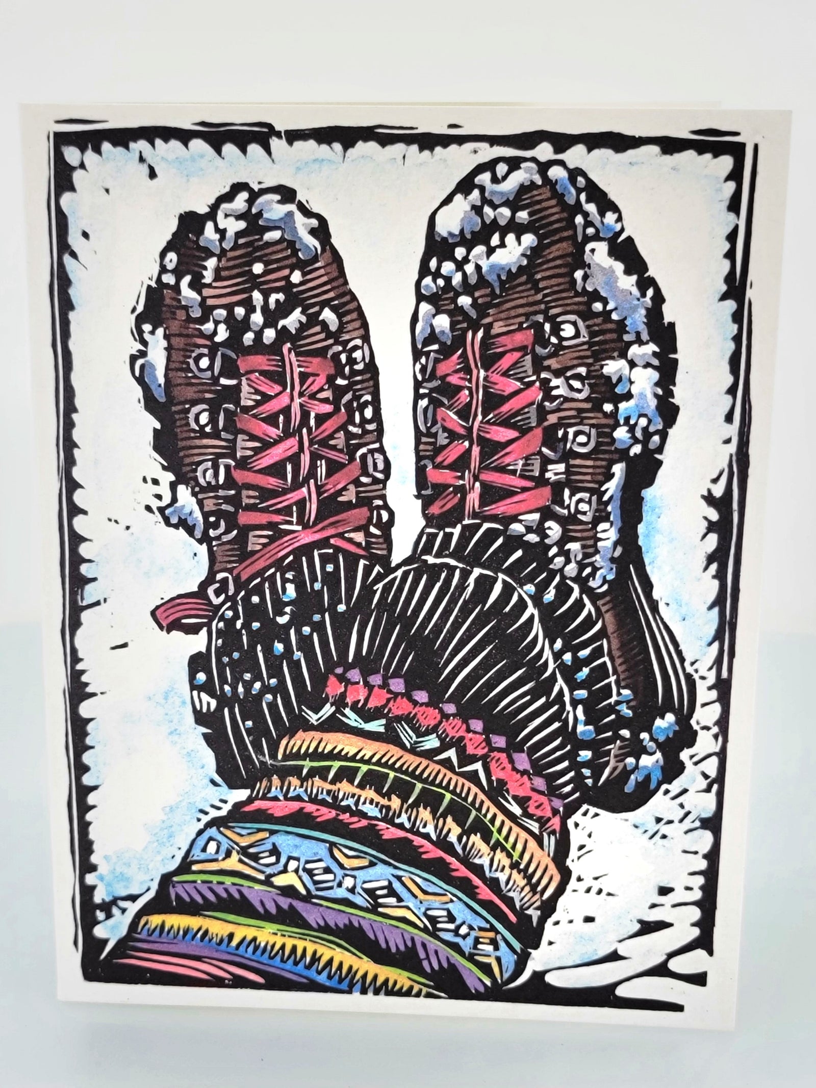 Hiking Boots Greeting Card--a reproduction of one of Claire Emery’s original woodcut prints, made in Montana, USA