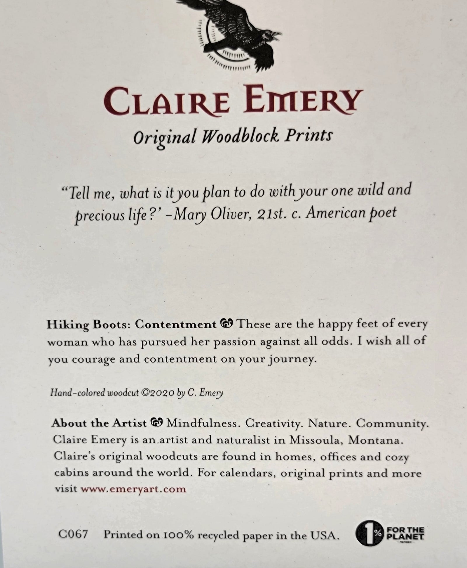 Hiking Boots Greeting Card--a reproduction of one of Claire Emery’s original woodcut prints, made in Montana, USA