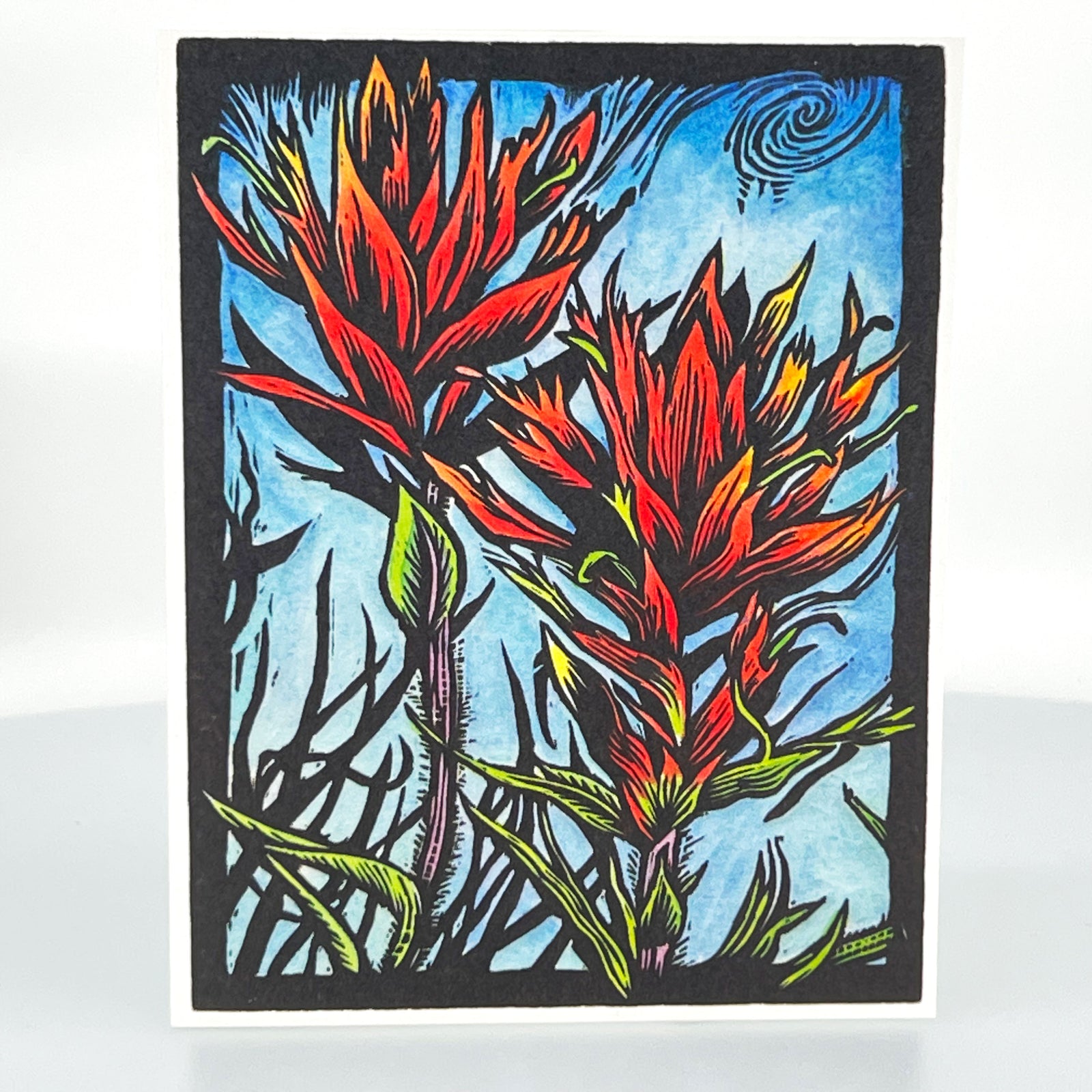 Indian Paintbrush: Spring Does Not Escape Me Greeting Card--a reproduction of one of Claire Emery’s original woodcut prints, made in Montana, USA