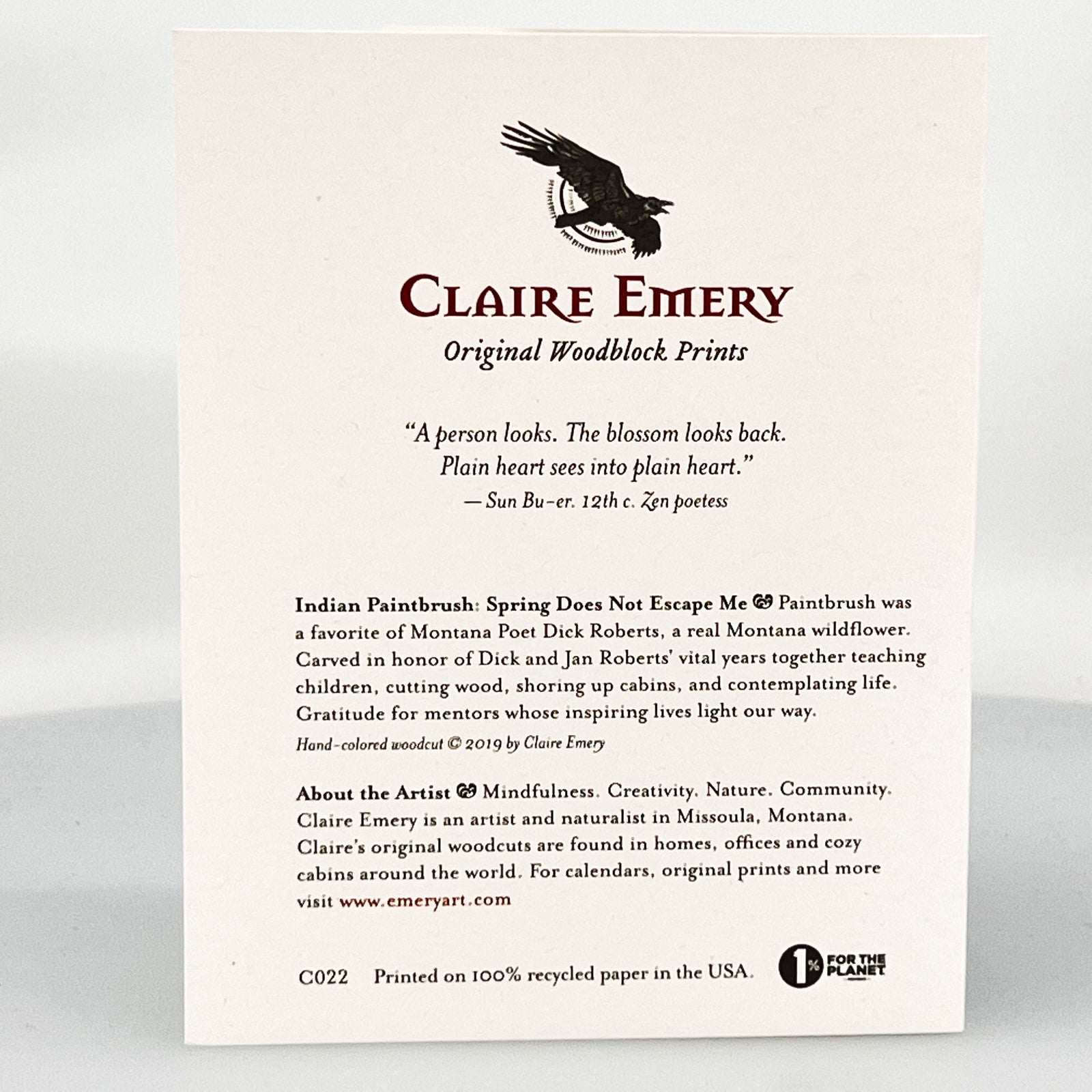 Indian Paintbrush: Spring Does Not Escape Me Greeting Card--a reproduction of one of Claire Emery’s original woodcut prints, made in Montana, USA