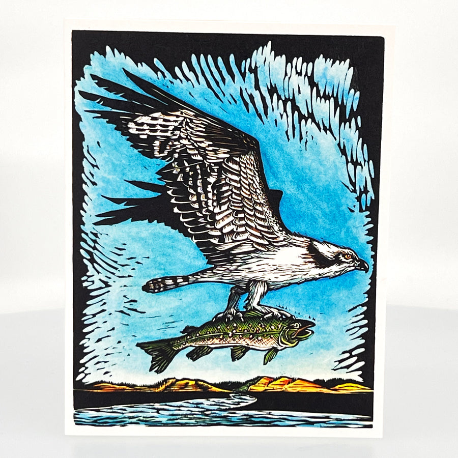 Osprey - Success at the Nest Greeting Card--a reproduction of one of Claire Emery’s original woodcut prints, made in Montana, USA