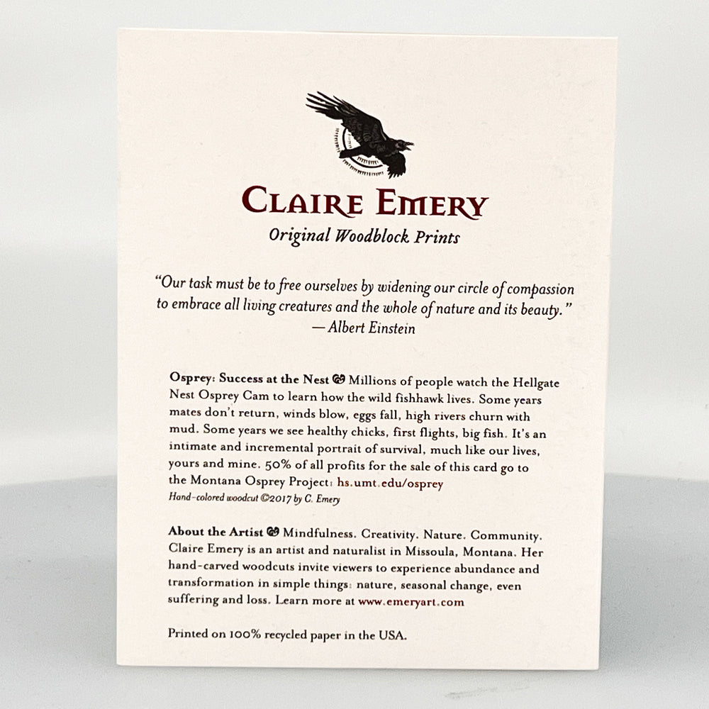 Osprey - Success at the Nest Greeting Card--a reproduction of one of Claire Emery’s original woodcut prints, made in Montana, USA