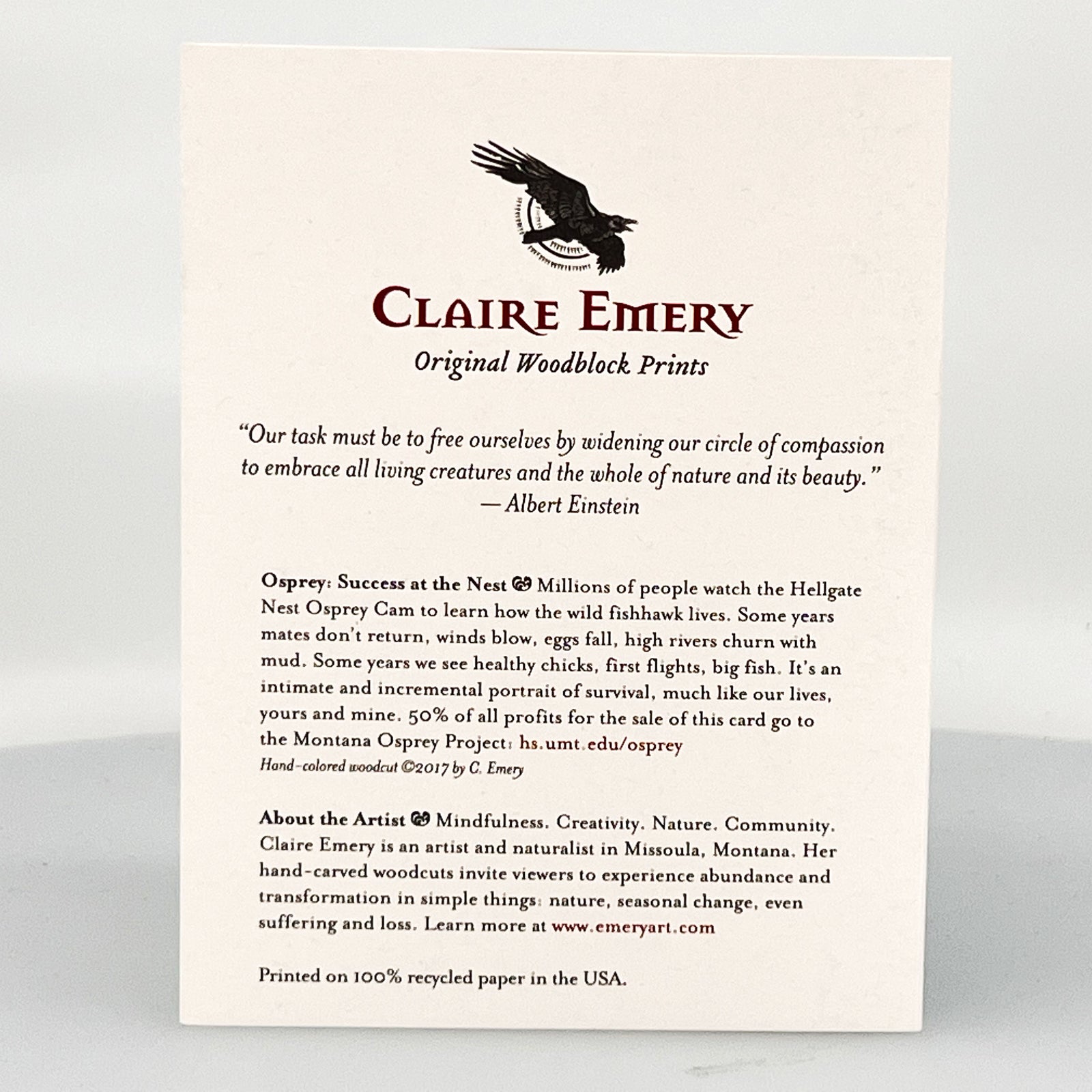 Osprey - Success at the Nest Greeting Card--a reproduction of one of Claire Emery’s original woodcut prints, made in Montana, USA