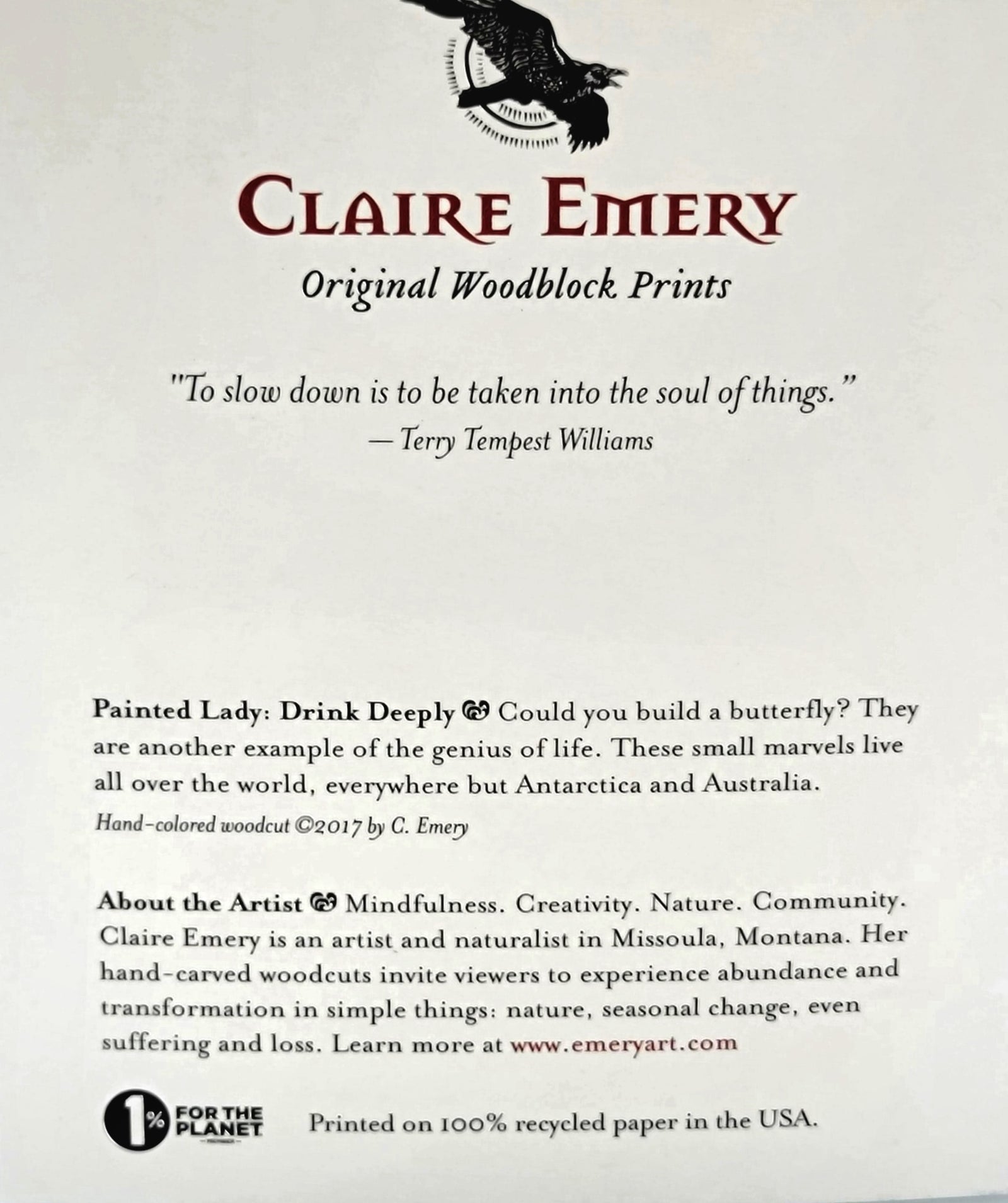 Painted Lady Butterfly and Echinacea Greeting Card--a reproduction of one of Claire Emery’s original woodcut prints, made in Montana, USA