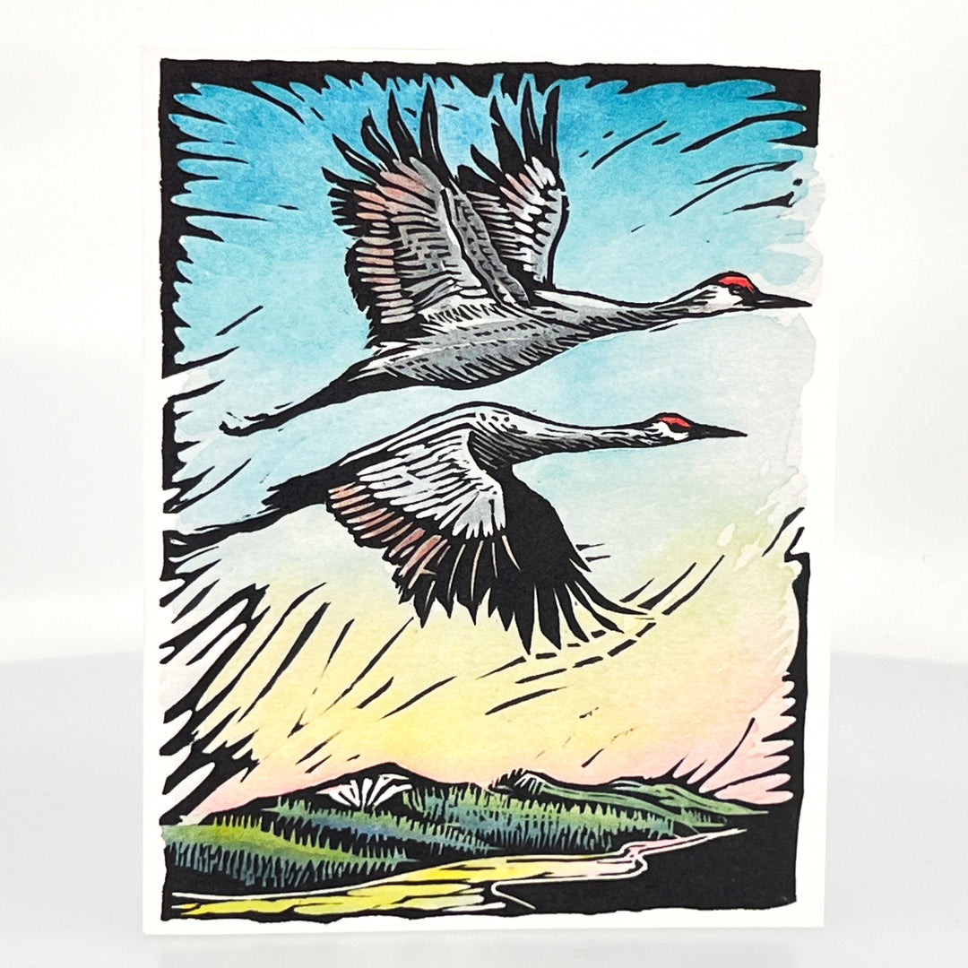Two Cranes Greeting Card--a reproduction of one of Claire Emery’s original woodcut prints, made in Montana, USA