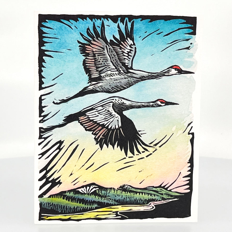 Two Cranes Greeting Card--a reproduction of one of Claire Emery’s original woodcut prints, made in Montana, USA