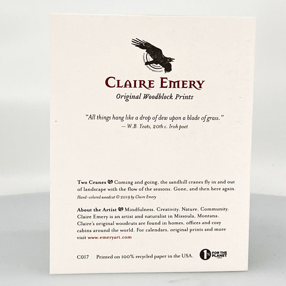 Two Cranes Greeting Card--a reproduction of one of Claire Emery’s original woodcut prints, made in Montana, USA