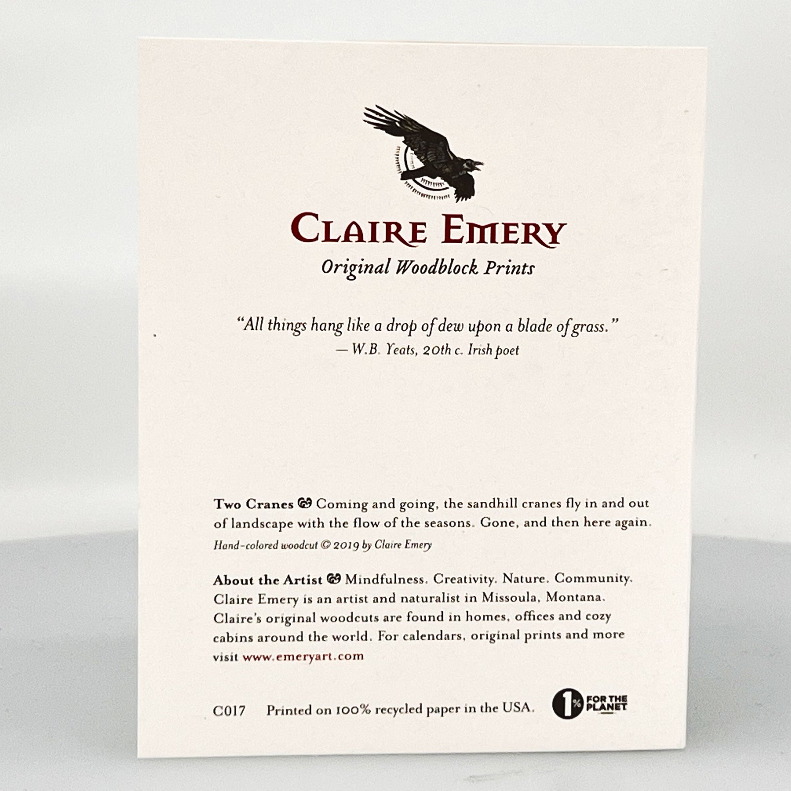 Two Cranes Greeting Card--a reproduction of one of Claire Emery’s original woodcut prints, made in Montana, USA