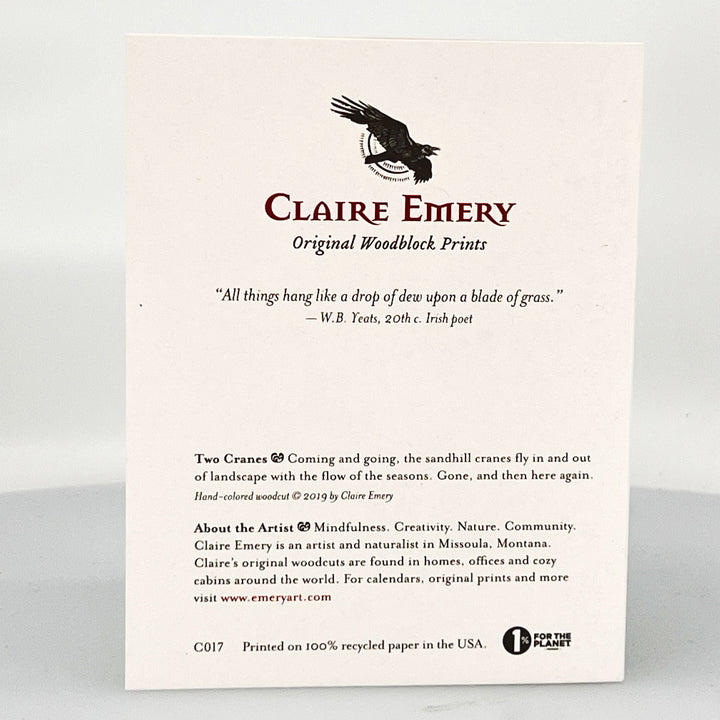Two Cranes Greeting Card--a reproduction of one of Claire Emery’s original woodcut prints, made in Montana, USA