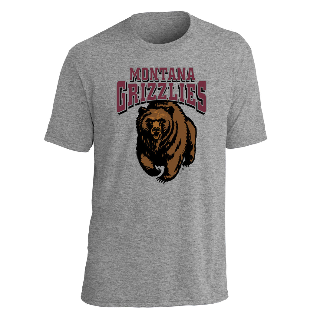 Blue Peak Creative's  heather grey unisex t-shirt with the Montana Grizzlies Charging Bear design