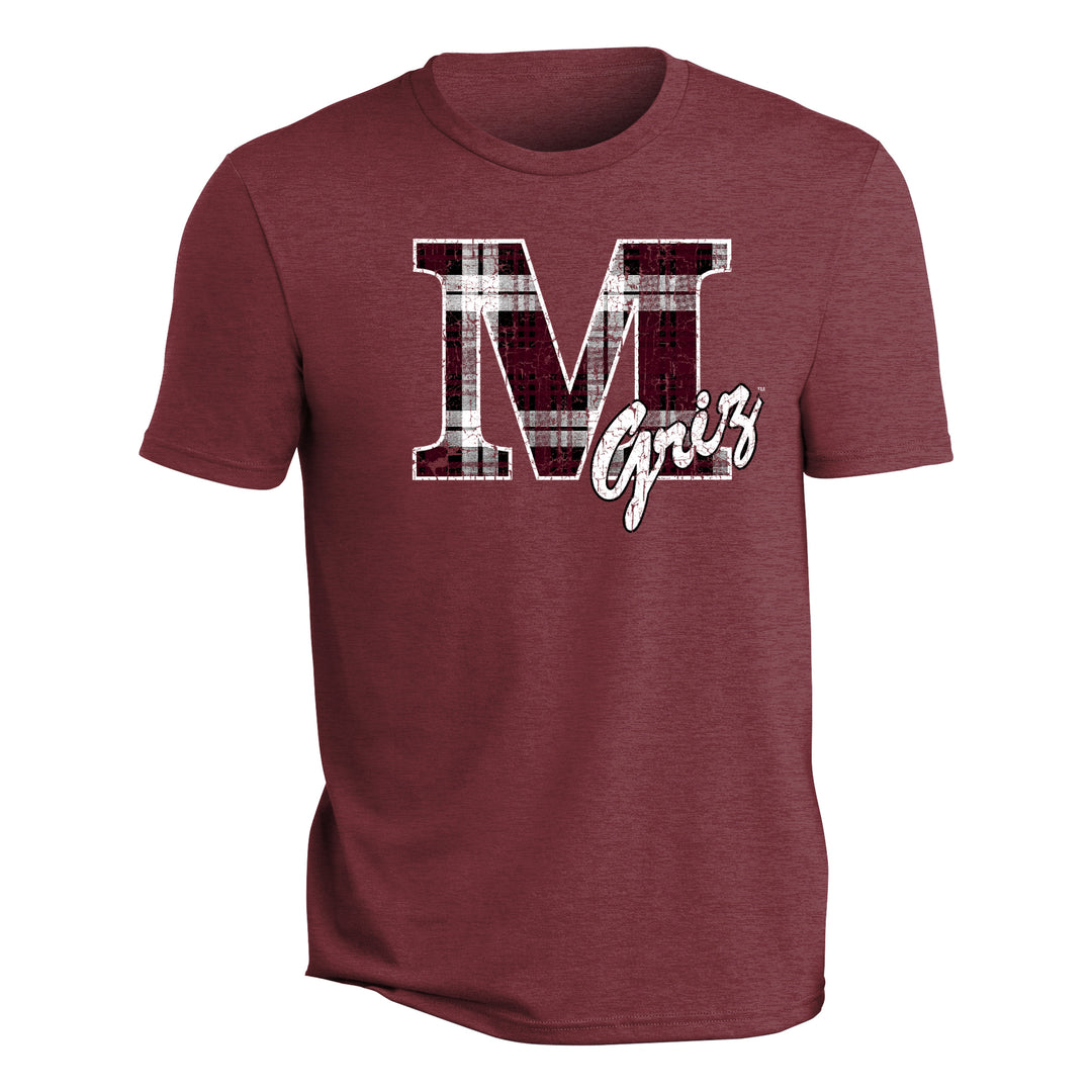 Blue Peak Creative's maroon Unisex T-Shirt with the Distressed Griz Plaid M design in maroon and white