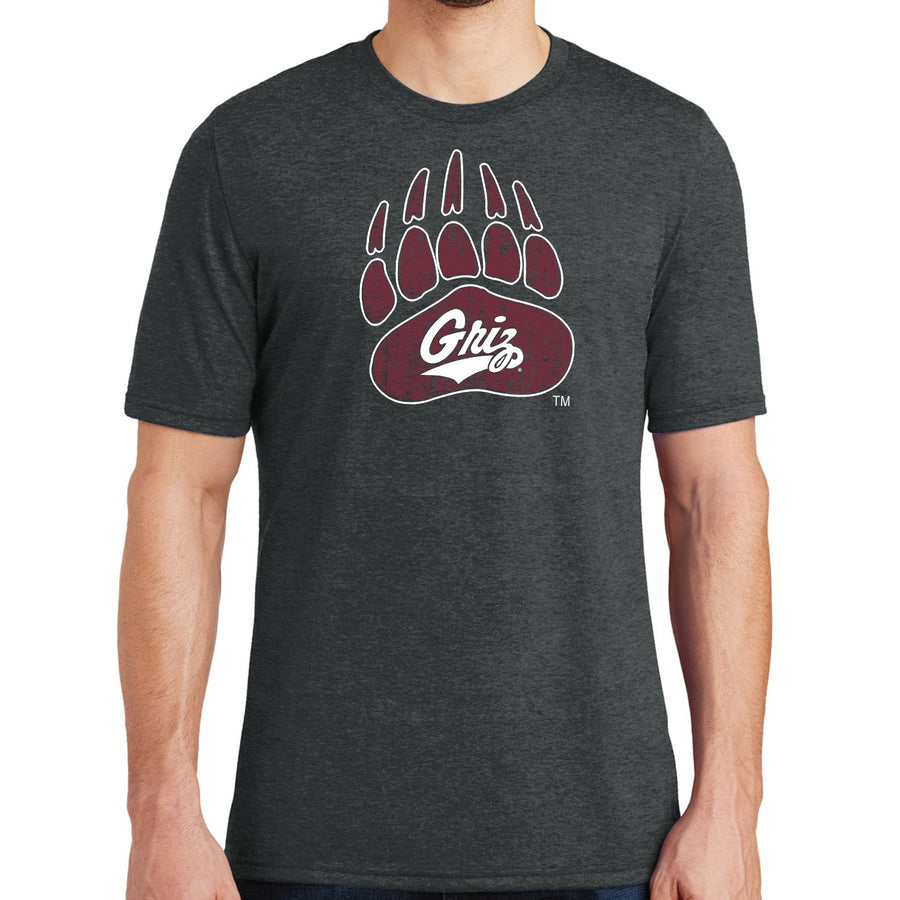 Blue Peaks Creative's grey Tri-blend Crew Tee with the Bear Paw and Griz Script design in maroon and white