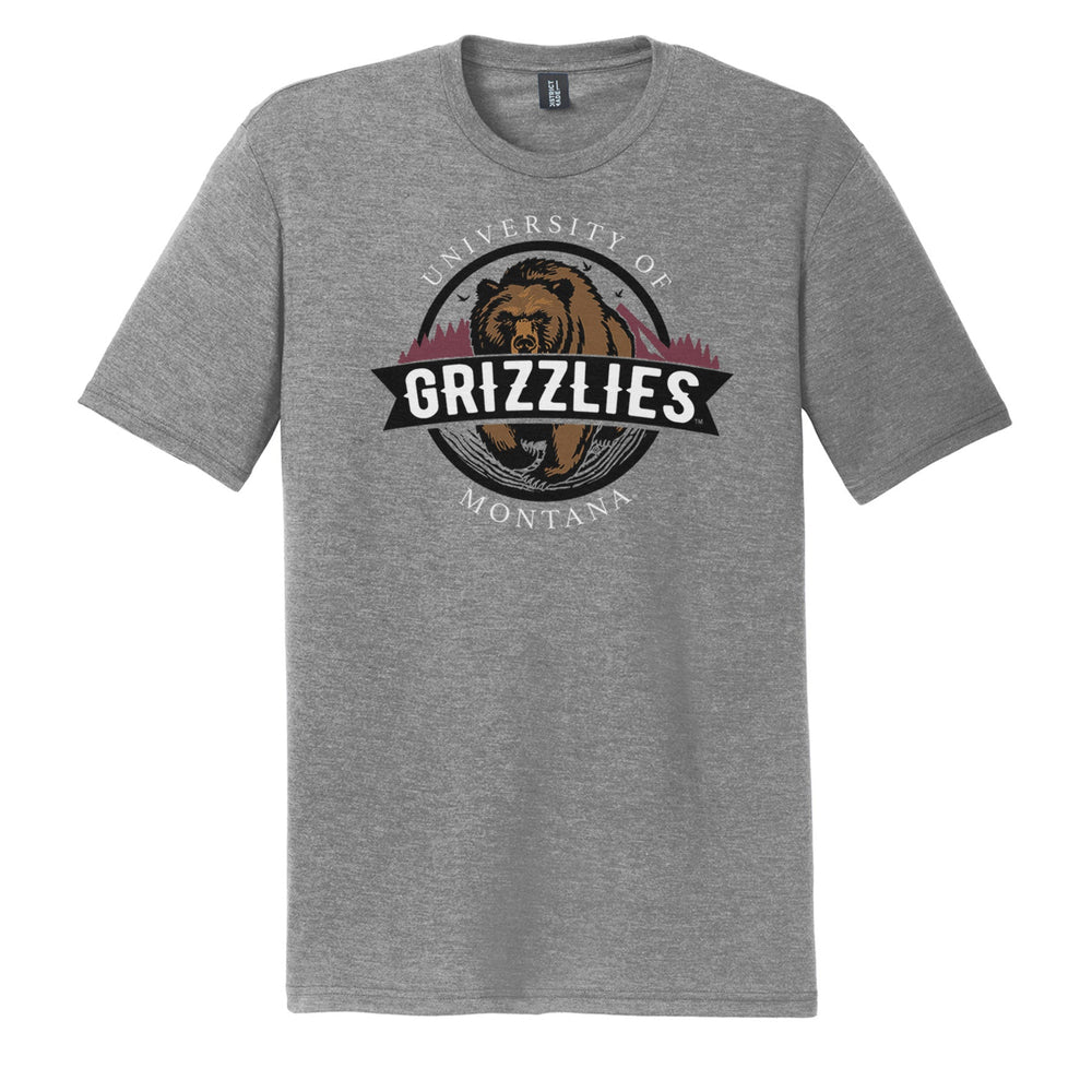Blue Peaks Creative's grey Tri-blend T-shirt with the University of Montana Grizzlies Bear Emblem design in black, white, grey, and brown