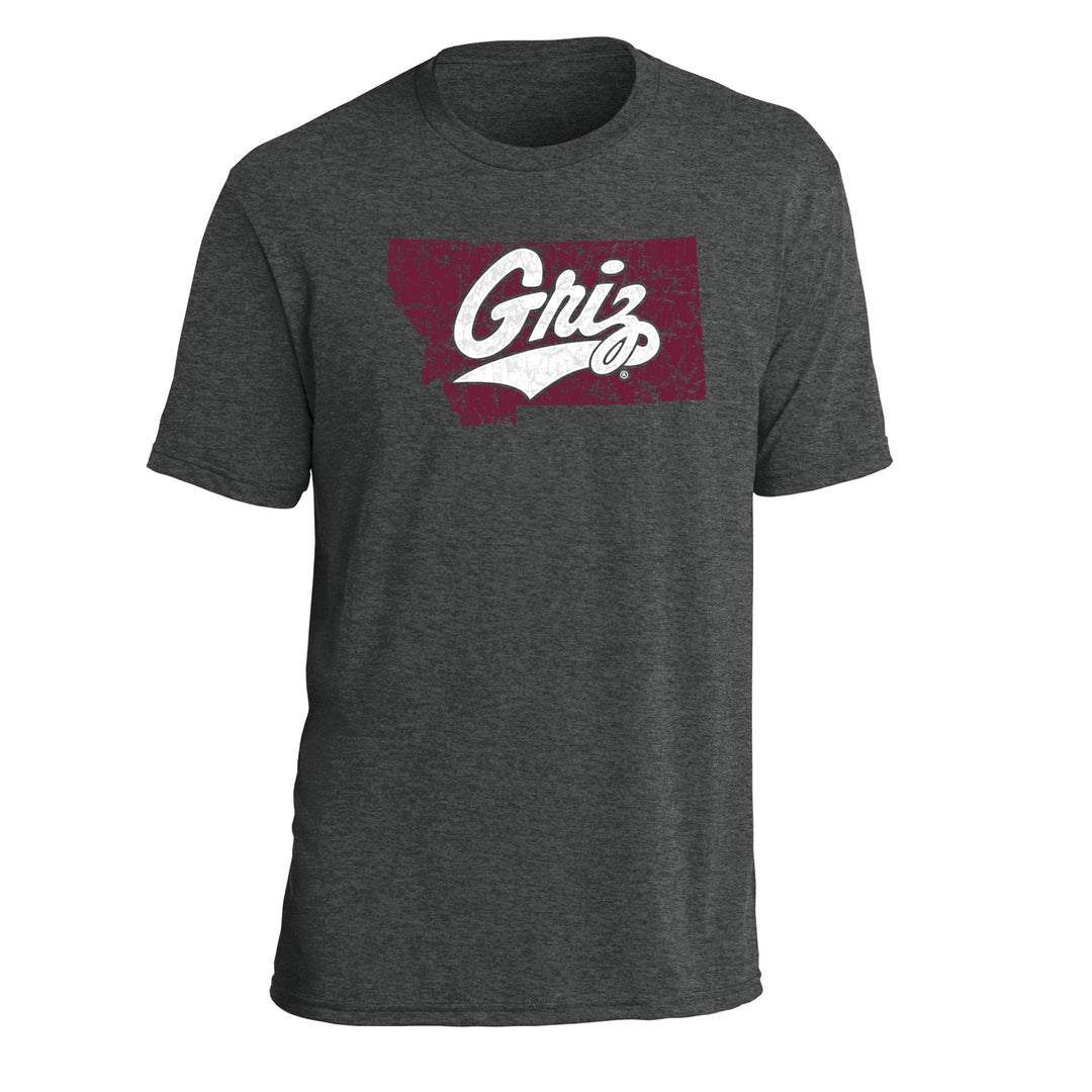 Blue Peaks Creative's grey Tri-blend T-Shirt with the Montana Griz Script design in maroon and white