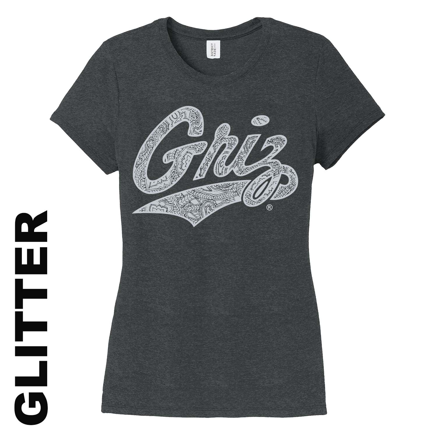 Black Griz Silver Glitter Ladies' Tee made in Missoula, MT (home of the UM Grizzlies) by Blue Peak Creative—a black frost tri-blend tee printed with the paisley Griz script design in silver glitter ink