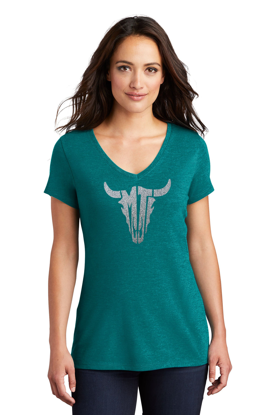 Glitter Steer Skull Ladies Tri-Blend V-Neck T-Shirt