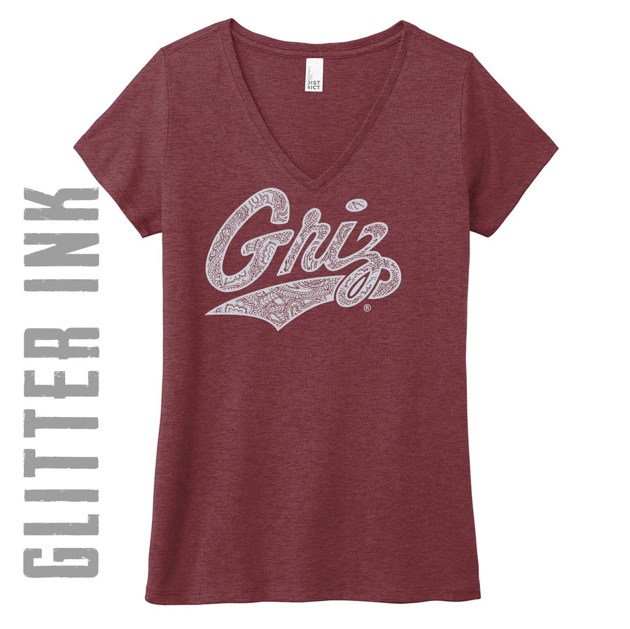 Blue Peak Creative's Silver Glitter Paisley Griz Script Ladies' V-Neck T-Shirt, maroon shirt with silver glitter design