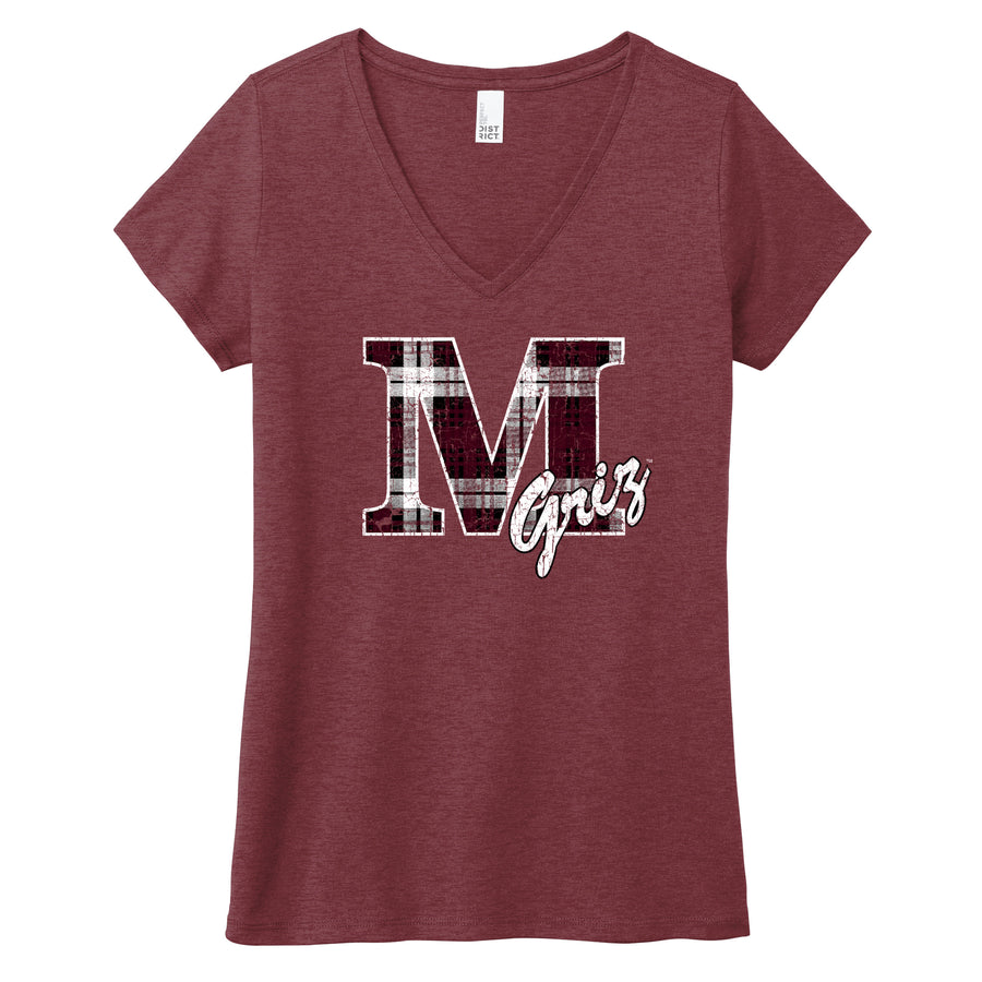 Blue Peak Creative's maroon Ladies' V-neck T-Shirt with the Distressed Griz Plaid M design in maroon and white