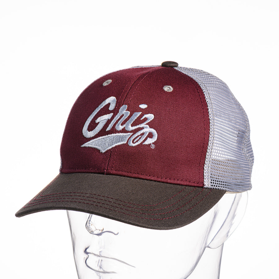 Blue Peaks Creative's maroon and grey Trucker Cap with the Griz Script embroidered in grey, front
