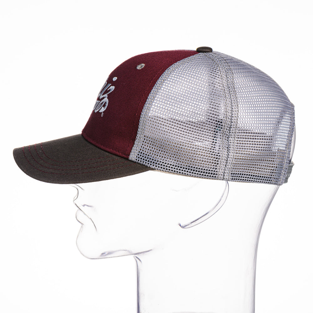 Blue Peaks Creative's maroon and grey Trucker Cap with the Griz Script embroidered in grey, side