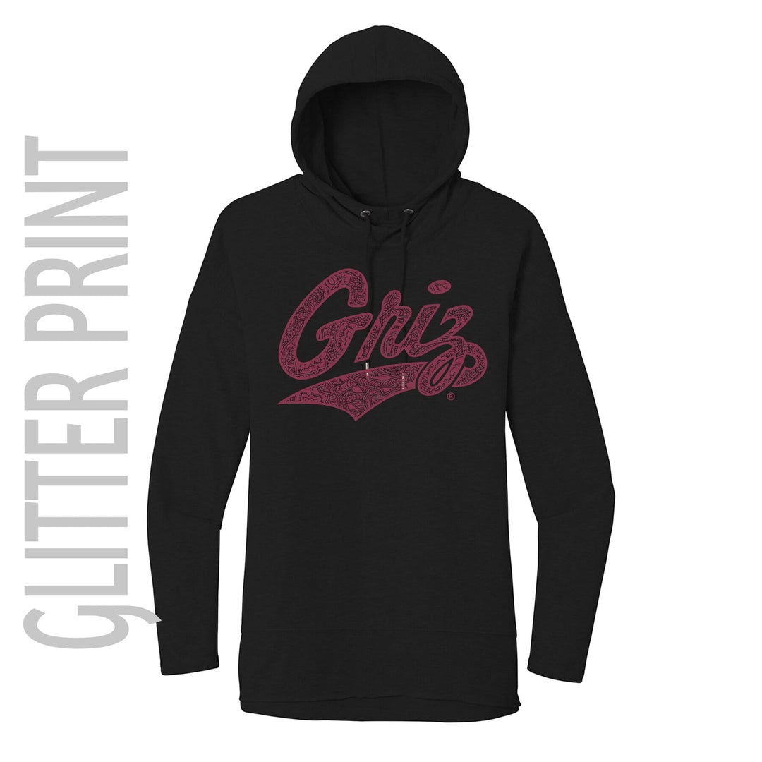Blue Peaks Creative's black Ladies'  Featherweight French Terry Hoodie with the Paisley Griz Script design in maroon