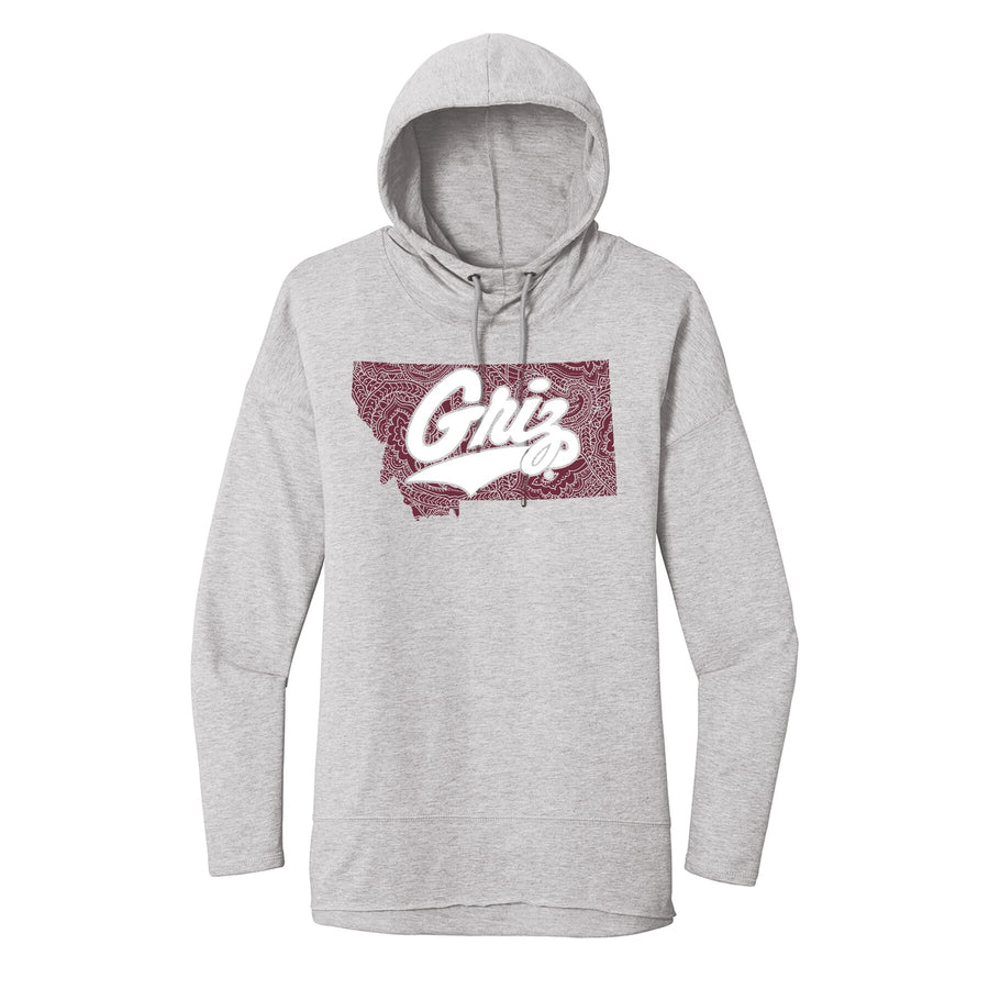 Blue Peak Creative's grey Ladies' Featherweight French Terry Hoodie with the Paisley Montana Griz Script design in maroon and white