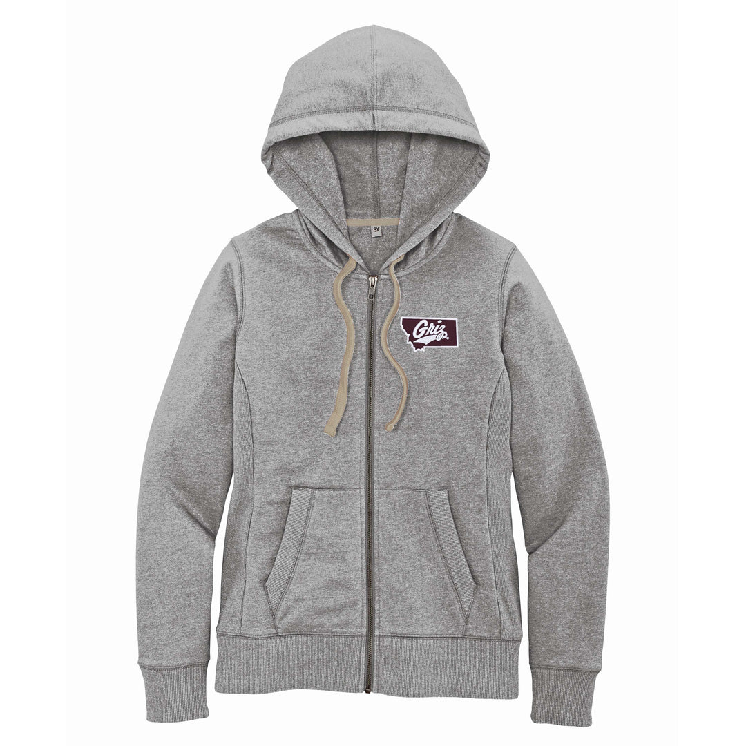 Blue Peaks Creative's Ladies' Full Zip Hooded Sweatshirt embroidered with the Montana Griz Script on the front and printed with the Paisley Paw on back, grey front
