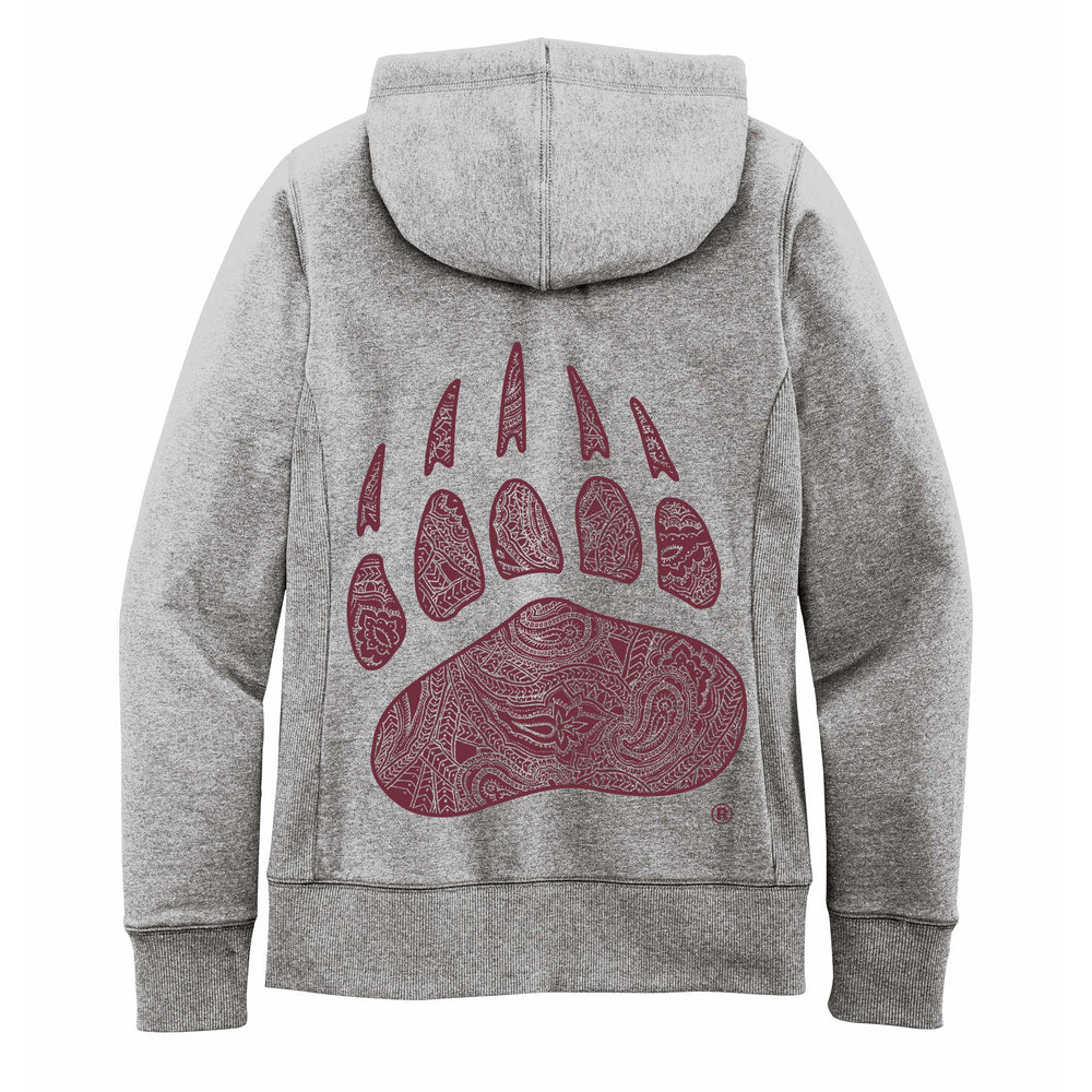 Blue Peaks Creative's Ladies' Full Zip Hooded Sweatshirt embroidered with the Montana Griz Script on the front and printed with the Paisley Paw on back, grey back