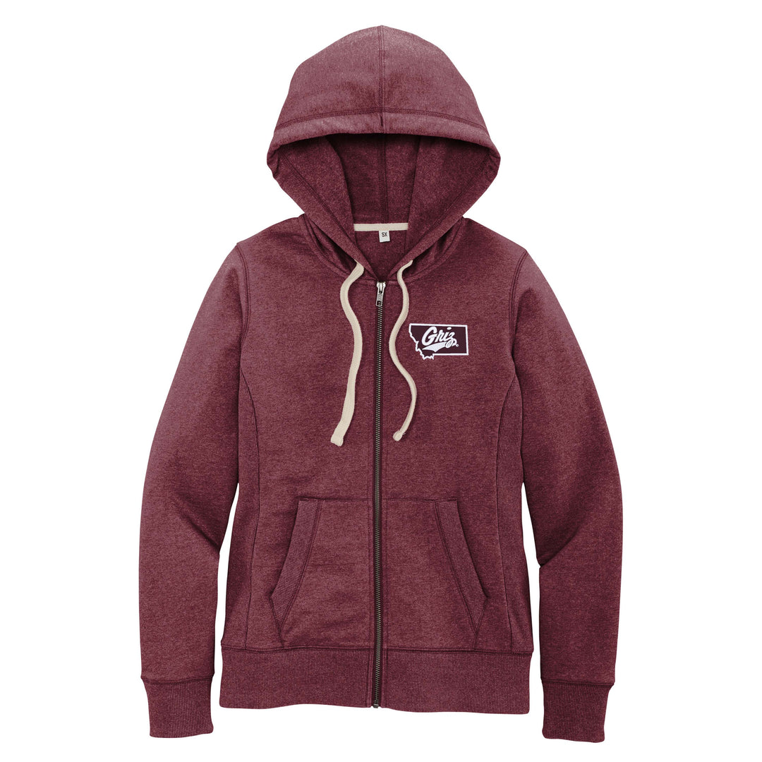 Blue Peaks Creative's Ladies' Full Zip Hooded Sweatshirt embroidered with the Montana Griz Script on the front and printed with the Paisley Paw on back, maroon front