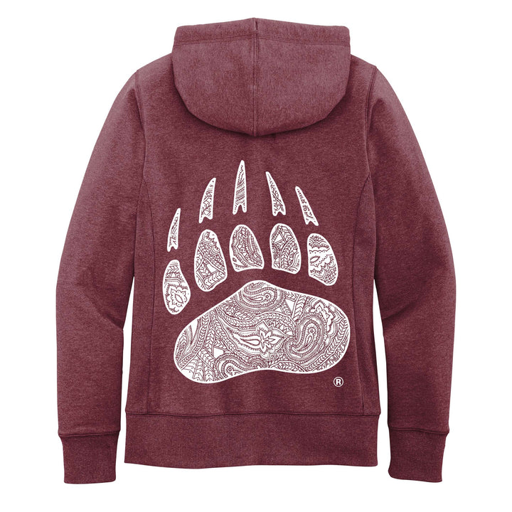 Blue Peaks Creative's Ladies' Full Zip Hooded Sweatshirt embroidered with the Montana Griz Script on the front and printed with the Paisley Paw on back, maroon back