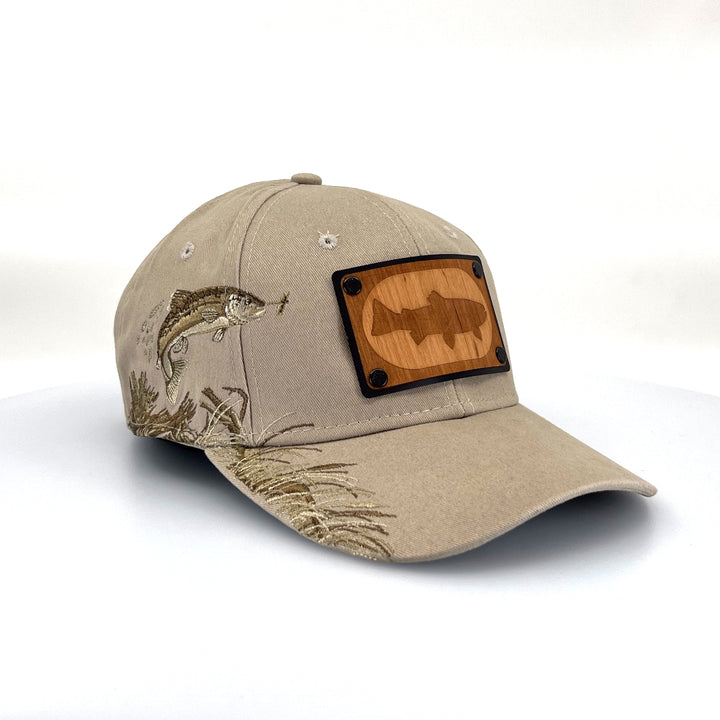 Embroidered Fish Trout Wood Patch Trucker Cap