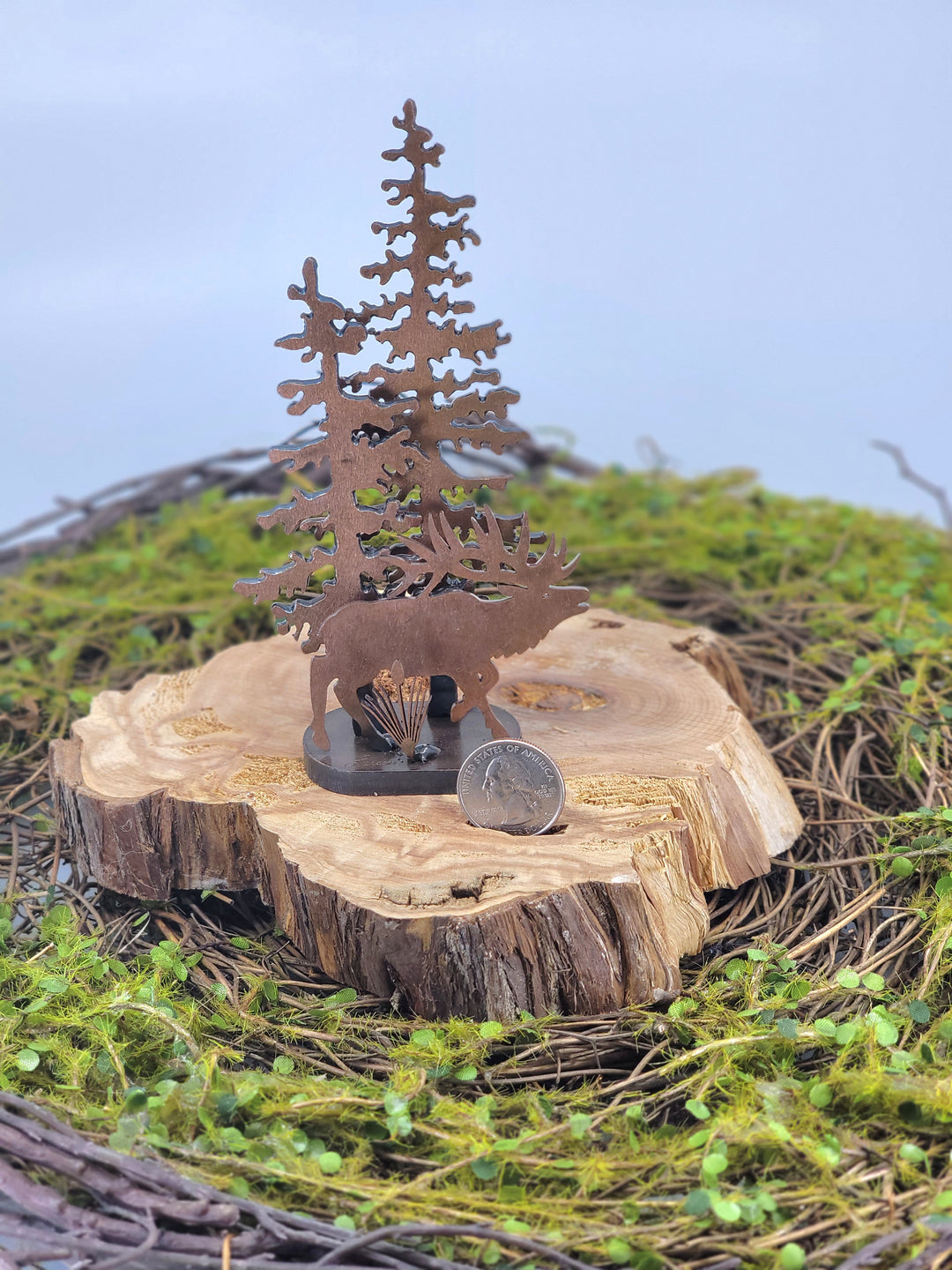 Mini Elk in Trees Metal Sculptures
