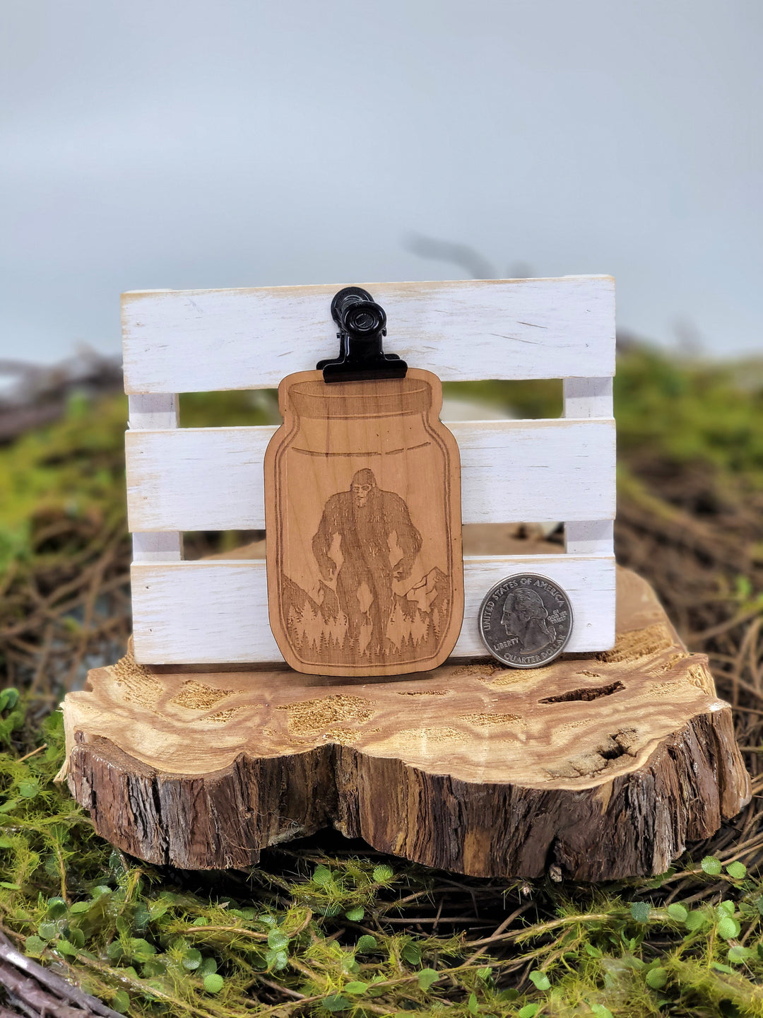 Etched Wood Bigfoot in a Jar Sticker