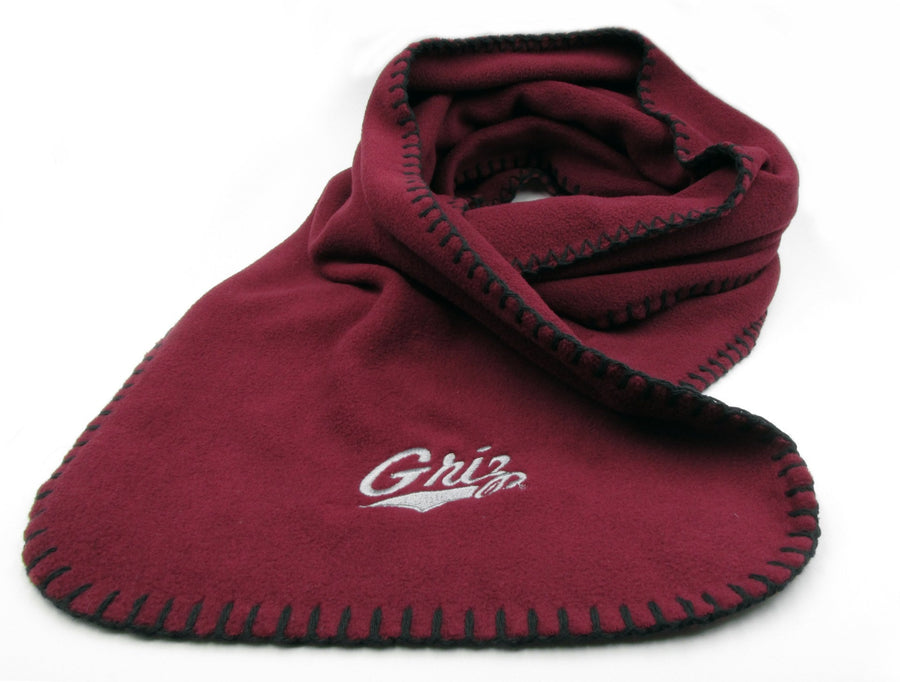 Blue Peak Creative's maroon Fleece Scarf embroidered with the Griz Script in silver