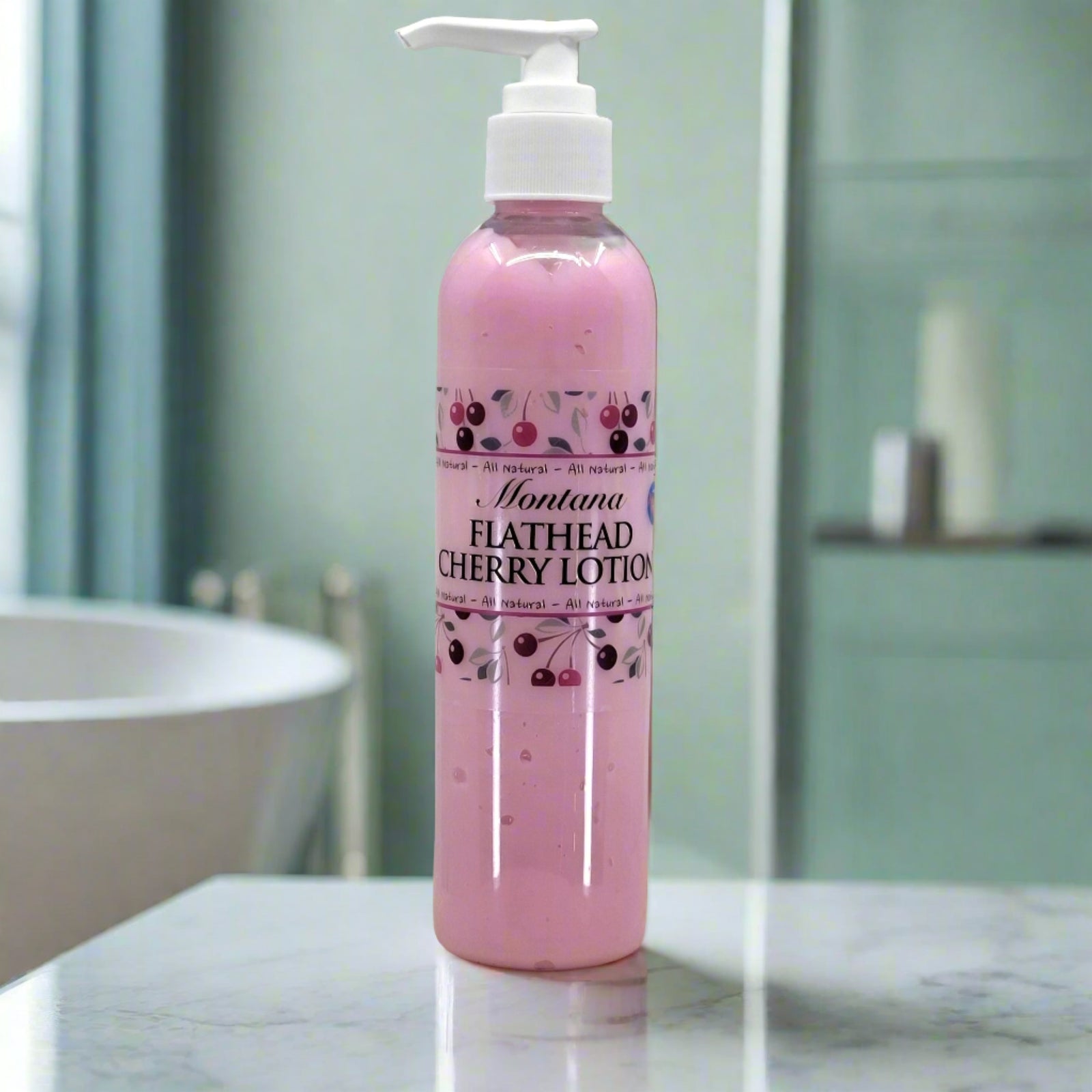 An 8oz bottle of Montana Flathead Cherry lotion, luxury lotion made in Montana.