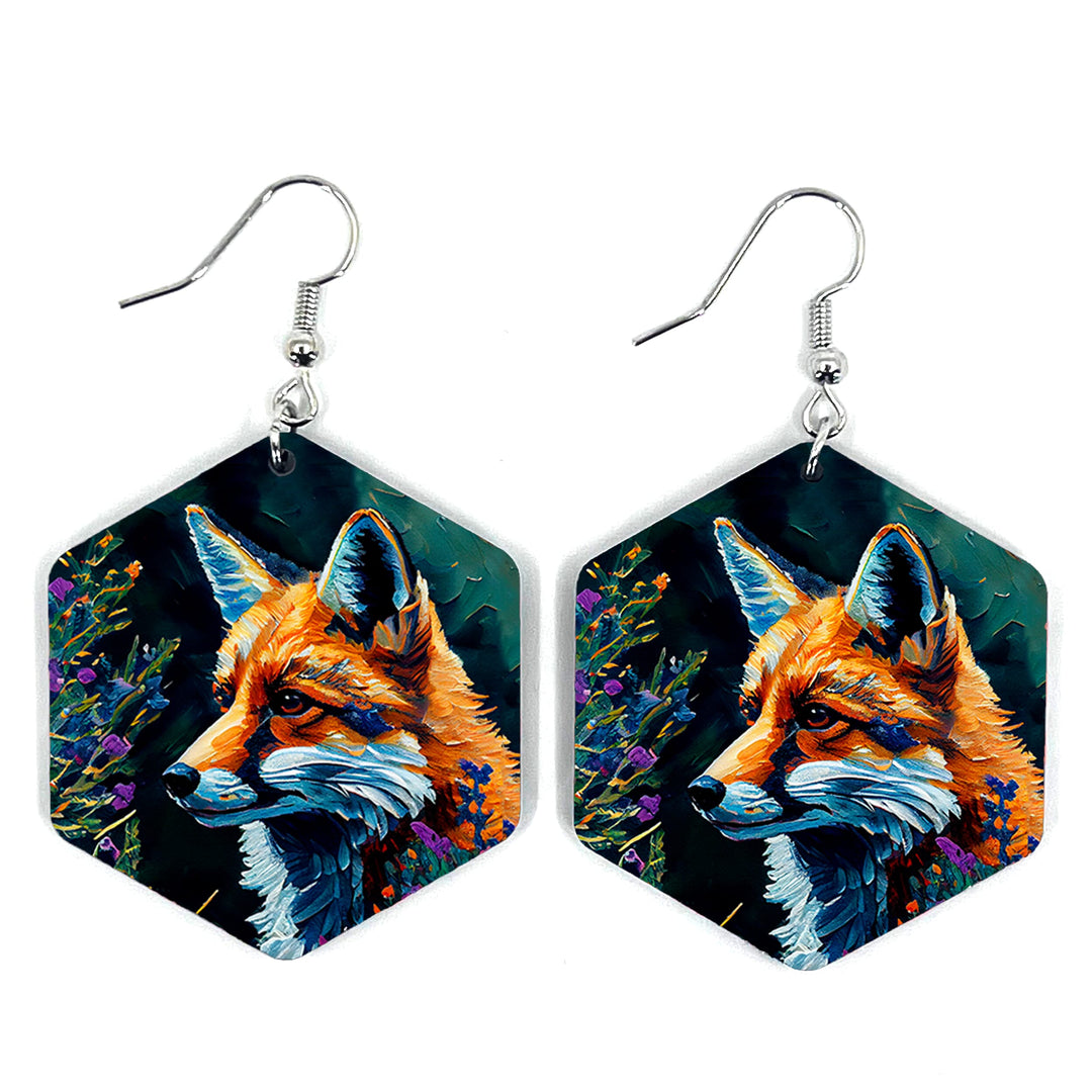 Lavender Fox Oil Painting Hexagon Earring