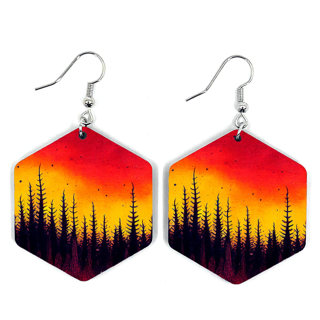 Sunset Treescape Hexagon Earring