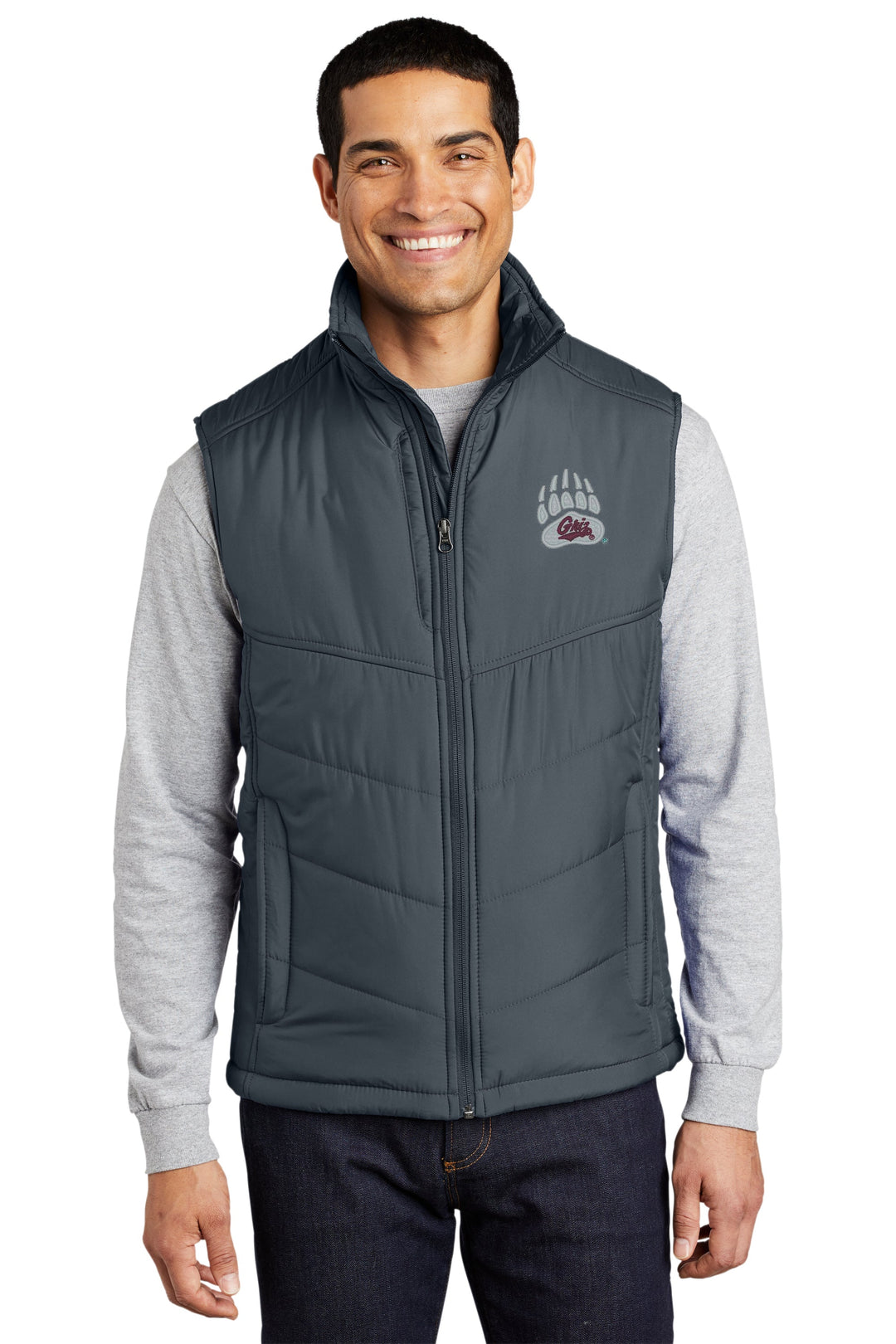 Blue Peak Creative's grey Men's Puffy Vest embroidered with the University of MT Griz Script and Bear Paw in silver and maroon