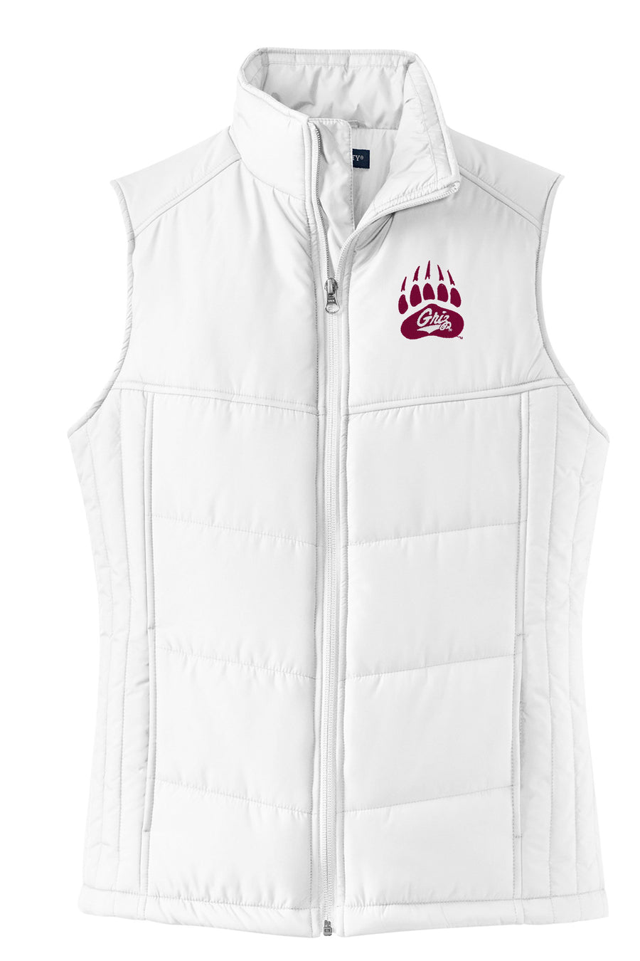 Blue Peak Creative's white Ladies' Puffy Vest with an embroidered Griz Script and Bear Paw in maroon and white