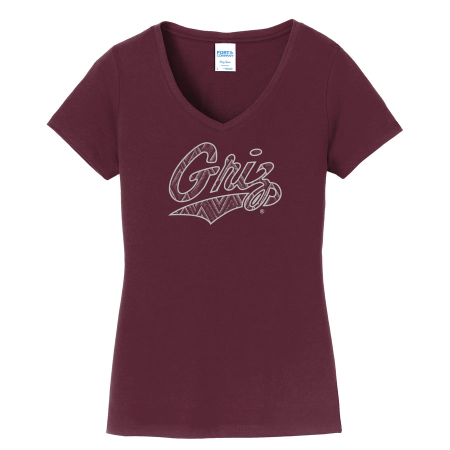 Blue Peak Creative's maroon Ladies' Fan Favorite V-Neck T-shirt with the Zig Zag Griz Script in silver