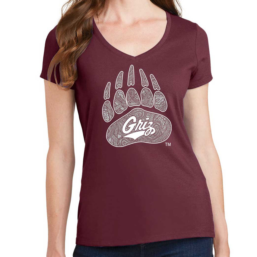Blue Peak Creative's maroon Ladies' Cotton V-Neck T-shirt with the Paisley Paw and Griz Script design in white and silver